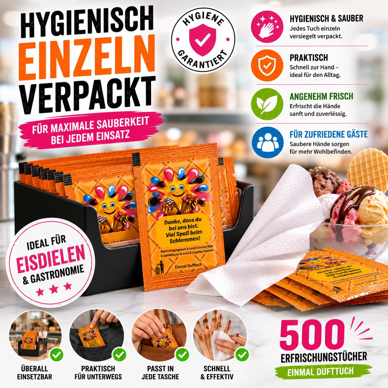 500 Stk Erfrischungstücher einzeln verpackt – Feuchttücher für Gastronomie, Restaurant, Pizza & Fingerfood – Catering Handreinigungstücher Großpackung – Islak Mendil (EisZauber)