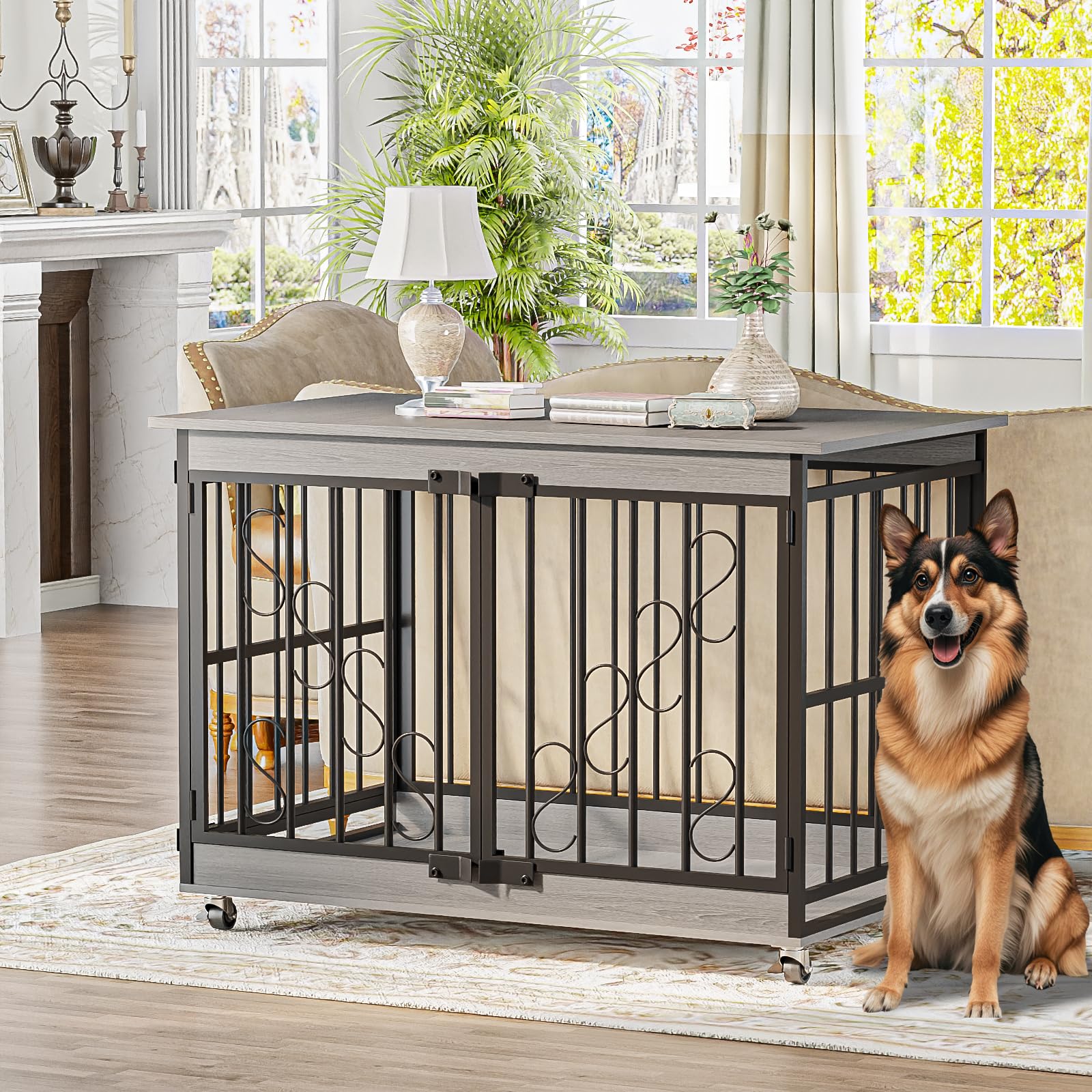 COZPAW Dog Crate Furniture, 48 Inch Dog Crates for Medium/Large Dogs, Farmhouse Wood Dog Kennel Indoor Heavy Duty Dog Cage with Caster Wheels (Gray)