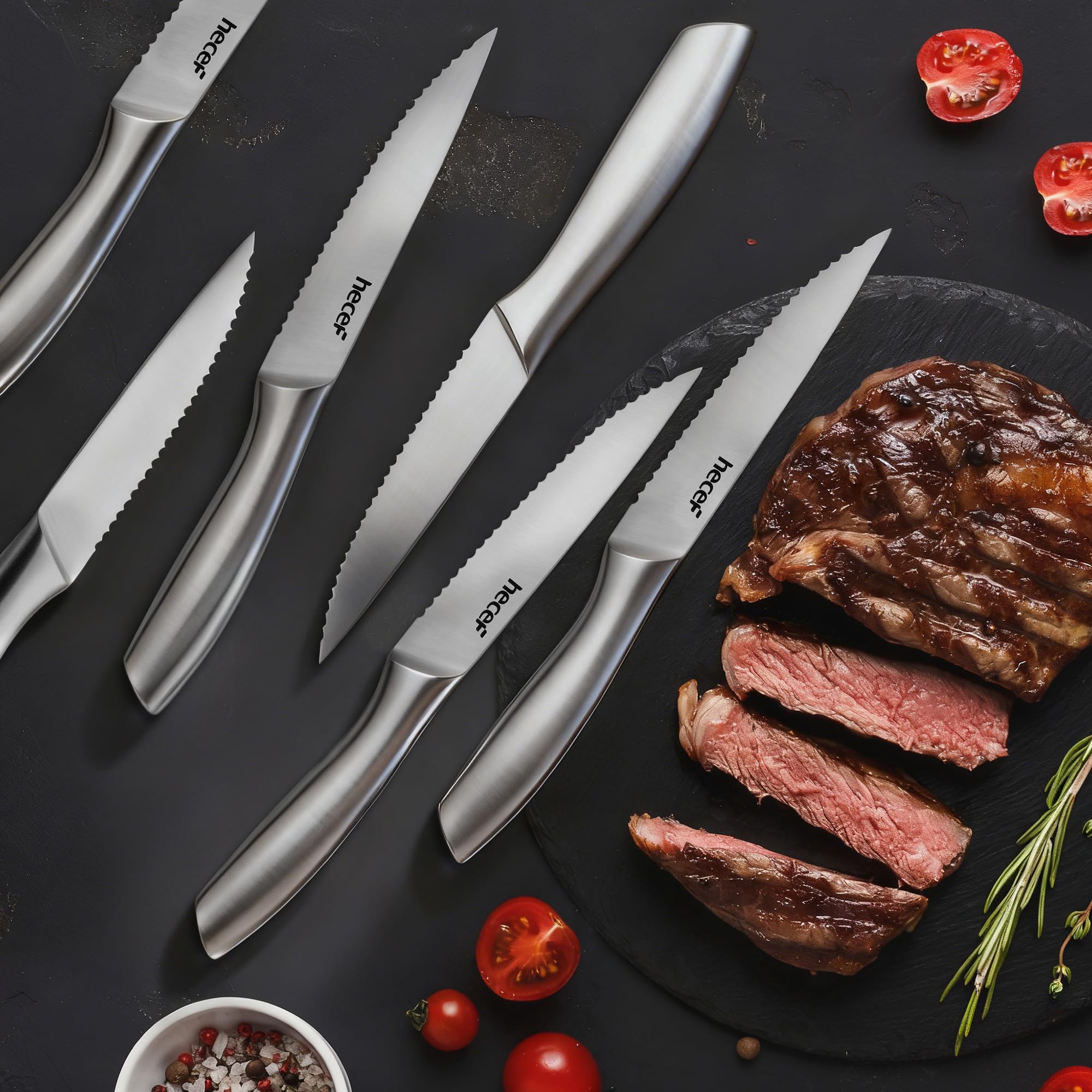 hecef coltelli da bistecca, set da 6 pezzi di coltelli da tavola affilati con lama seghettata e manico cavo ergonomico, coltello da carne in acciaio inox per bistecca e pane, 12,7 cm, argento