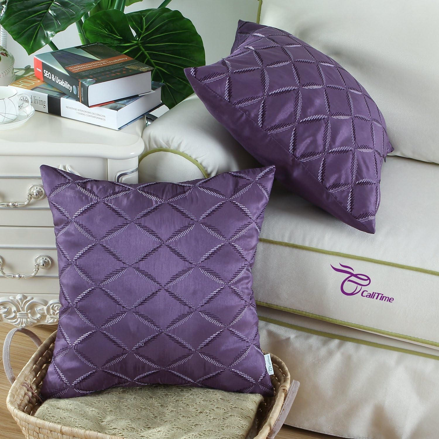 CaliTime Pack of 2 Cushion Covers Throw Pillow Cases Shells for Home Sofa Couch Diamonds Chain Geometric Embroidered 18 X 18 Inches Purple