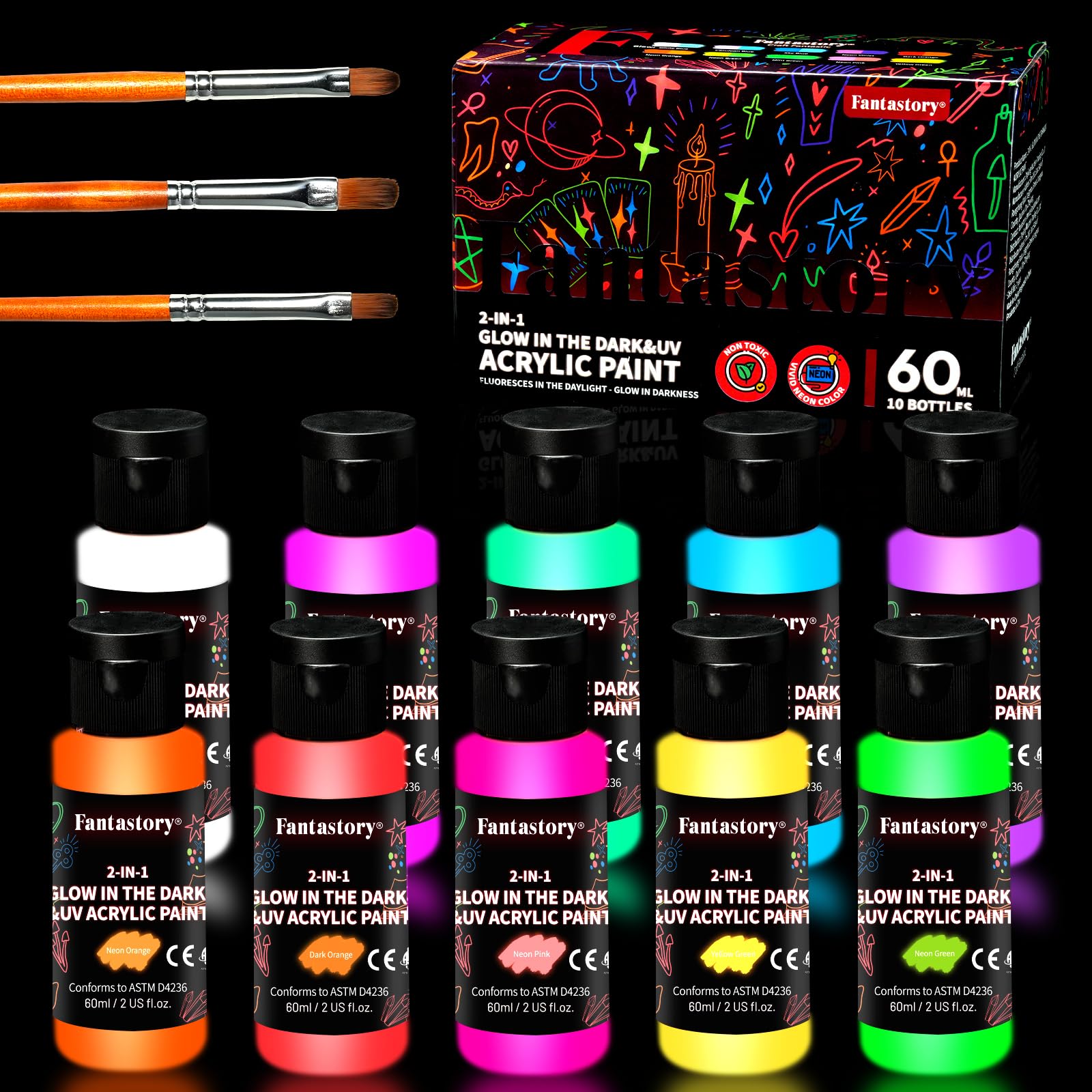 Fantastory Fluoreszierende Farbe Leuchtfarbe 10x60ml mit 3 Pinseln, Leuchtfarben Nachtleuchtend Acrylfarbe Glow in the Dark, Wasserfest & Langlebig, Schwarzlichtfarbe für Holz, Stein, Kürbis & DIY