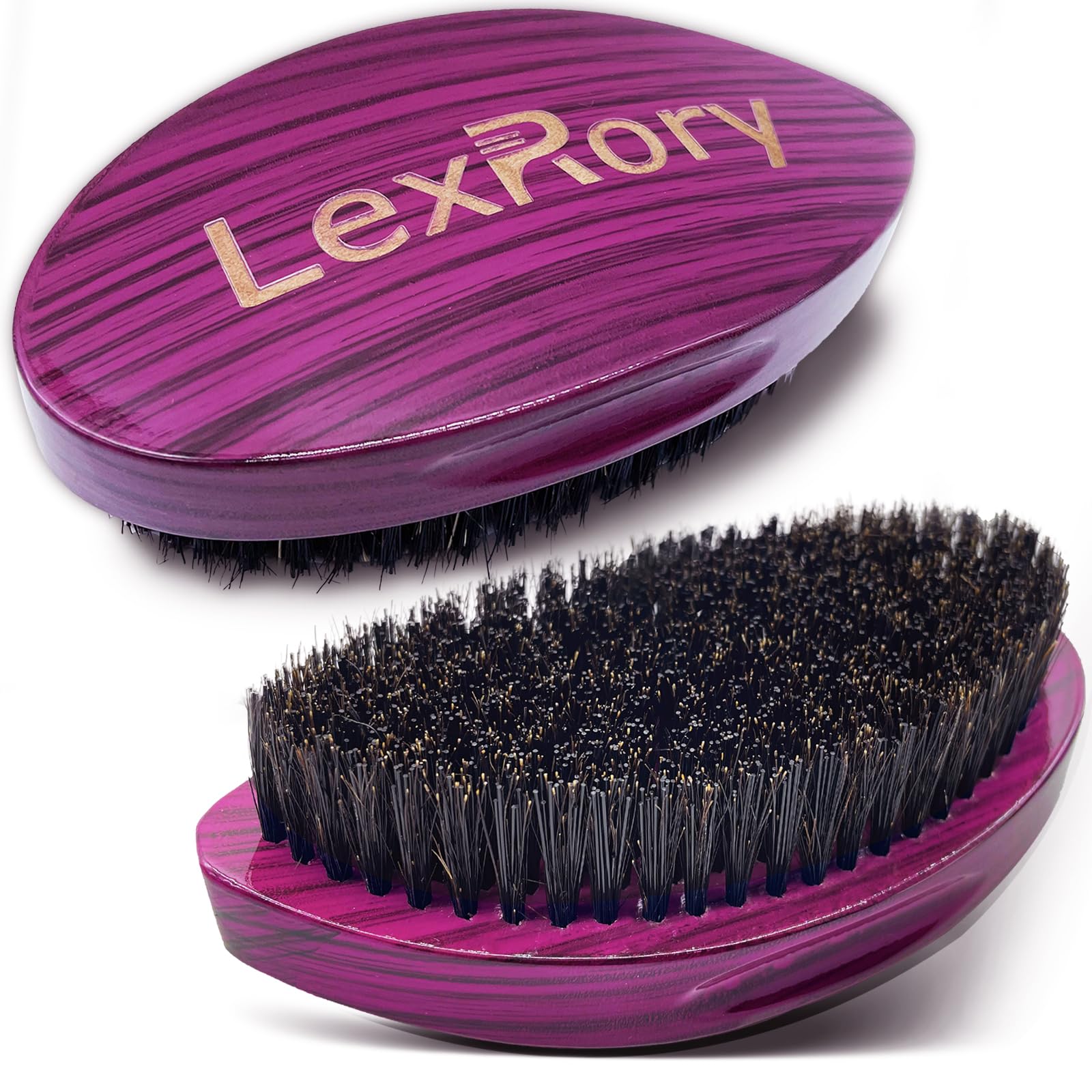 Medium Hard 360 Wave Brush - Upgraded Curved Palm Wavy Brushes for Men - Natural Boar Bristles Medium Firm for Hair Routine Waves Brushing (Stripes