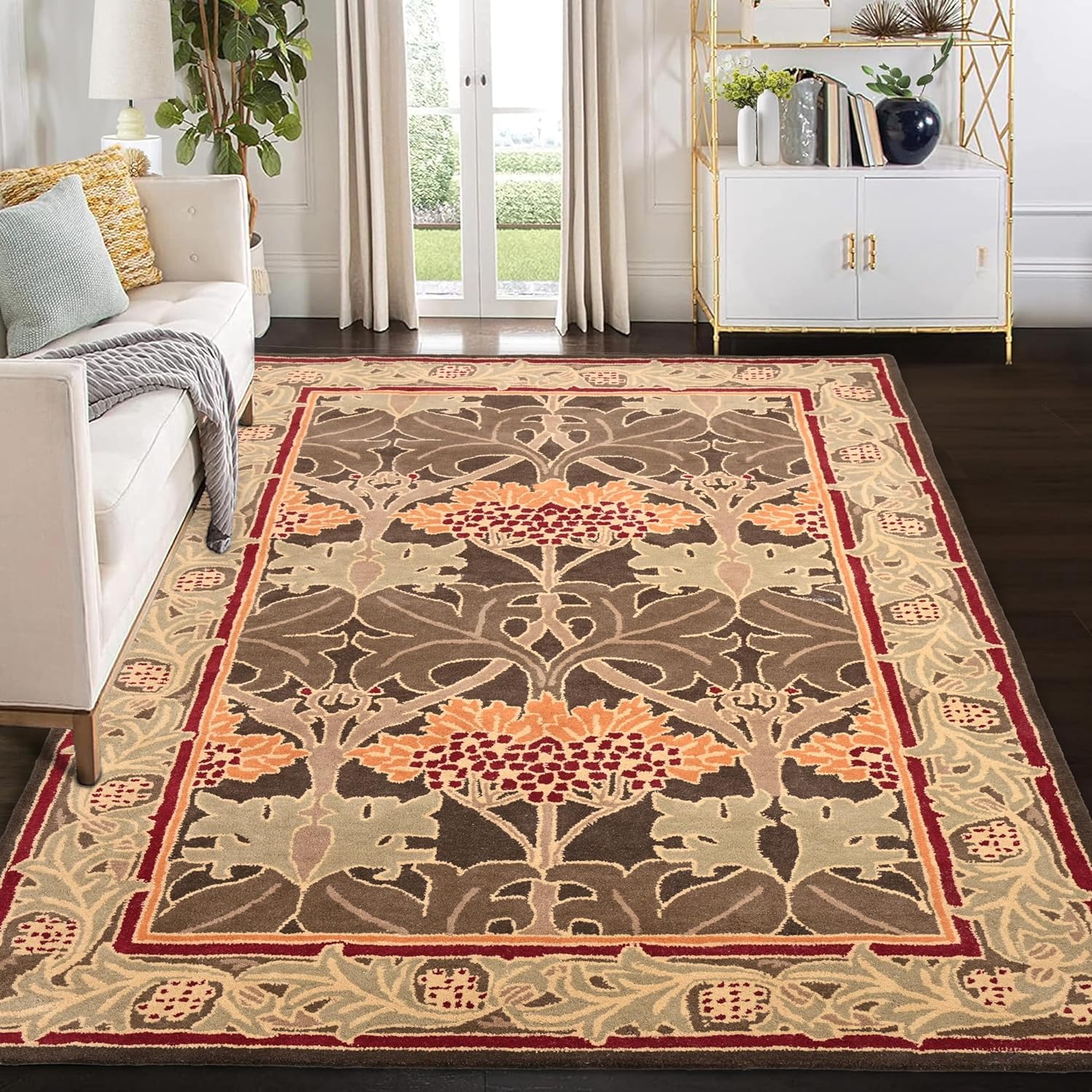 Restoration and Renovation Handmade W Morris Traditional Oriental 100% Wool Area Rug - Cecil Green Floral Motif Style, Thick & Soft Carpet - Perfect