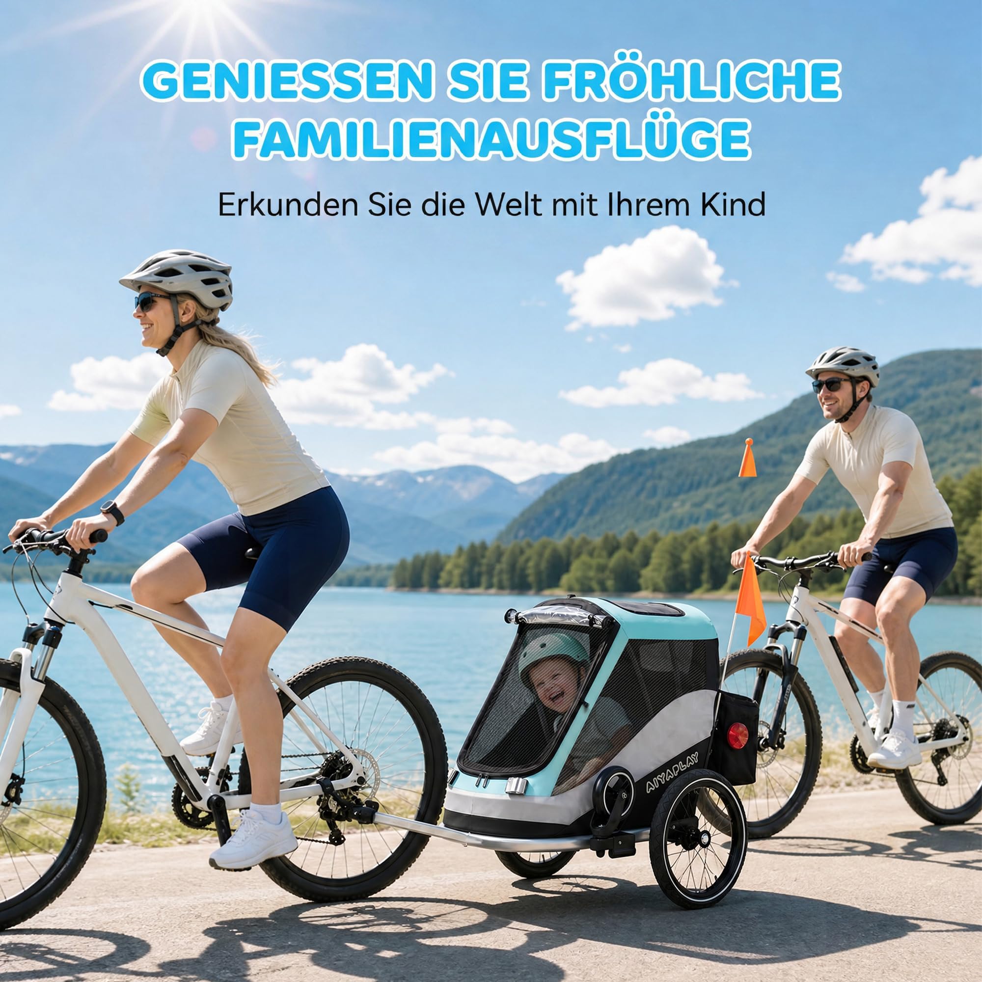 AIYAPLAY Rimorchio per bicicletta e passeggino pieghevole 2 in 1, con cintura a 5 punti, catarifrangenti, pneumatici da 16 pollici, freno, vano portaoggetti, per bambini a partire dai 12 mesi, massimo