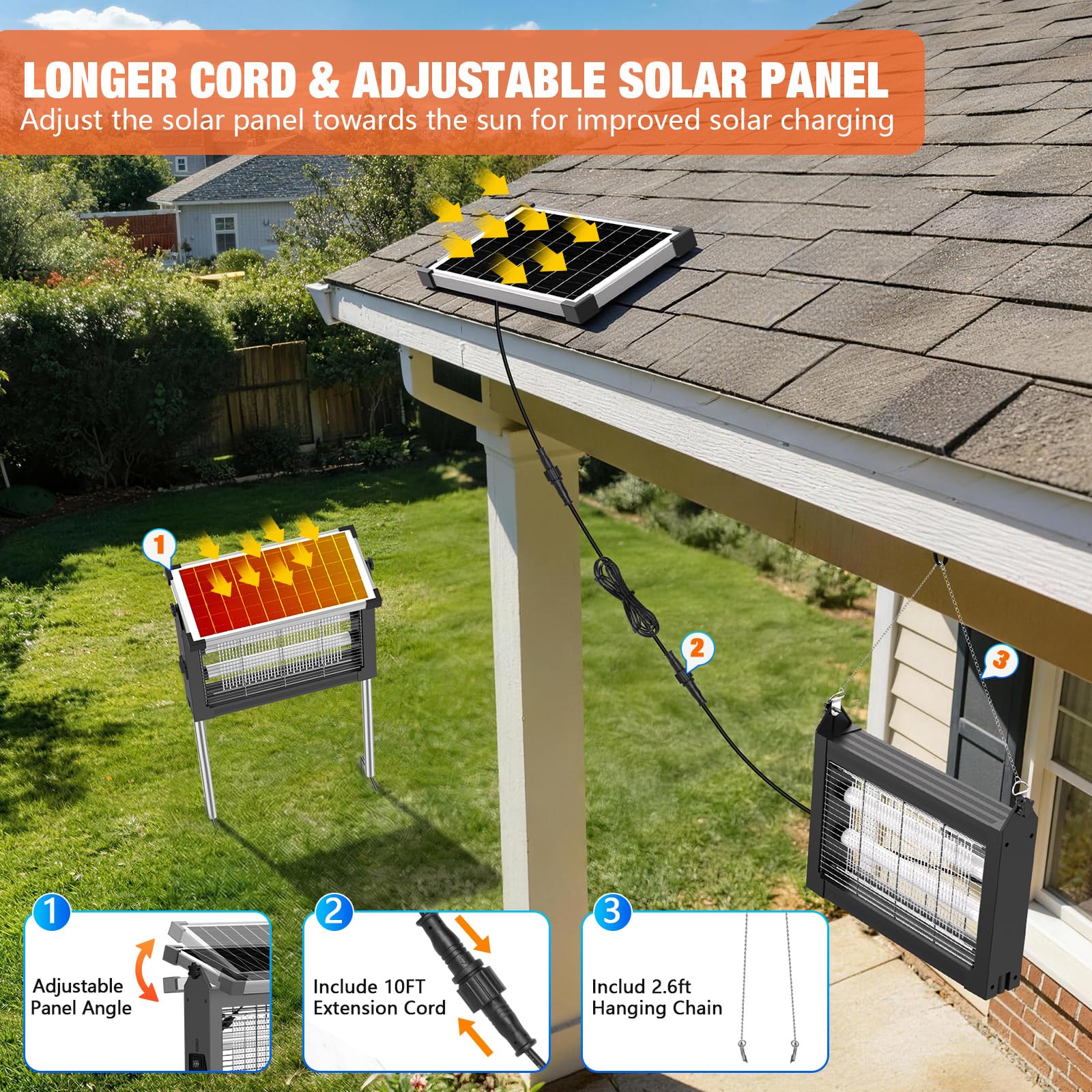 Matamosquitos solar para exteriores, 4500 V, recargable, impermeable, con sensor de panel solar, trampa eléctrica para moscas, cable de 10 pies, exterminador de insectos inalámbrico para patio