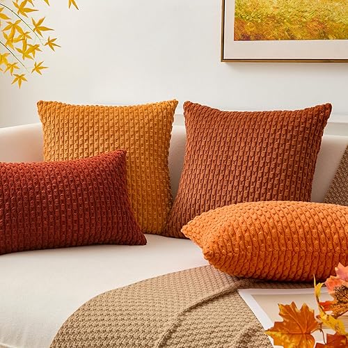 Miniatura 5 de Kevin Textile - Juego de fundas de almohada cuadradas decorativas de pana suave a rayas otoñales para sofá y dormitorio, 2 piezas, 16 x 16 pulgadas,