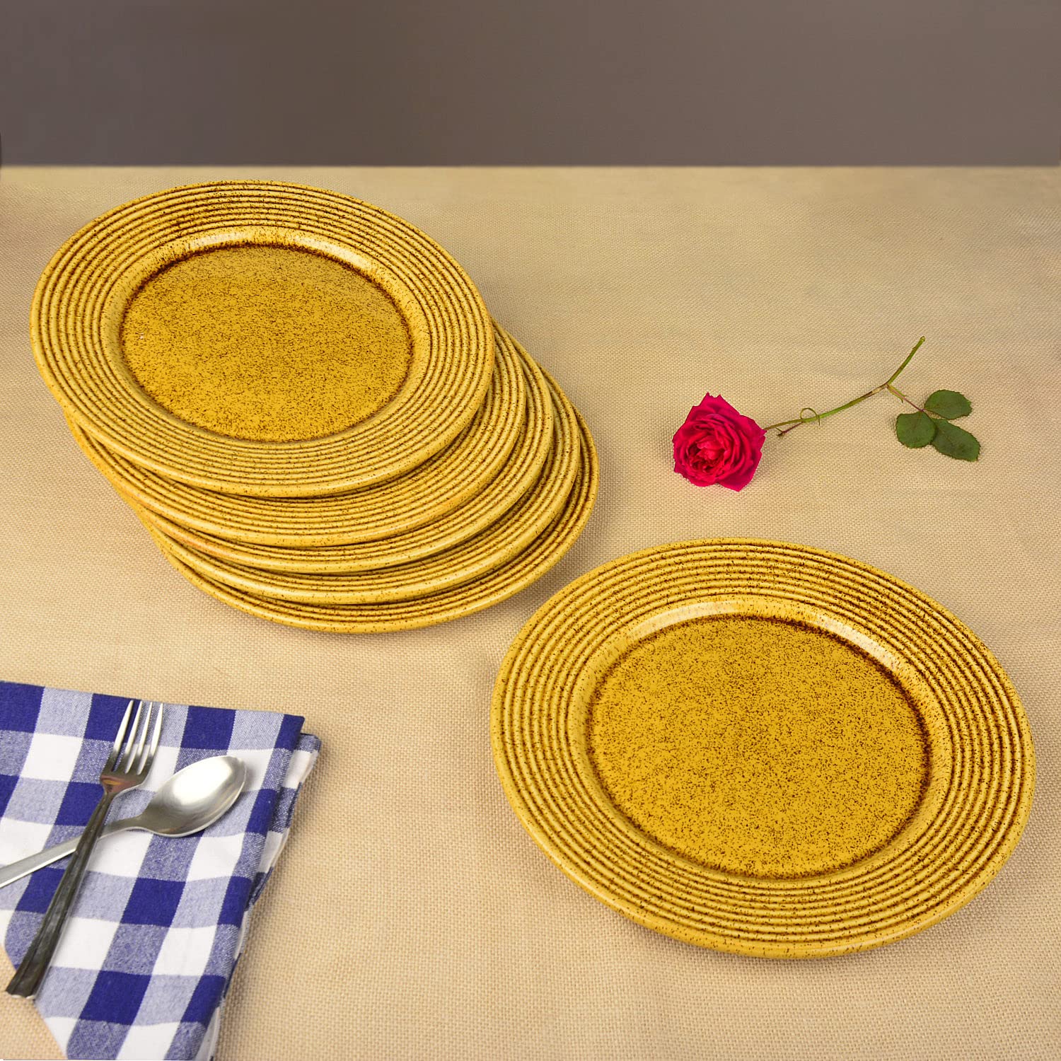 StyleMyWay “California Spring Bloom” Studio Pottery Ceramic Dinner Serving Plates (Set of 6, Mustard Yellow, Diameter – 11 inches) | Full Plates | Platter