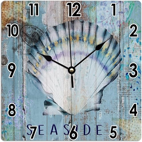 Reloj de arte rústico de 12 x 12 pulgadas, estilo vintage, con diseño de océano, con carcasa de PVC, de grano de madera azul, animales marinos,