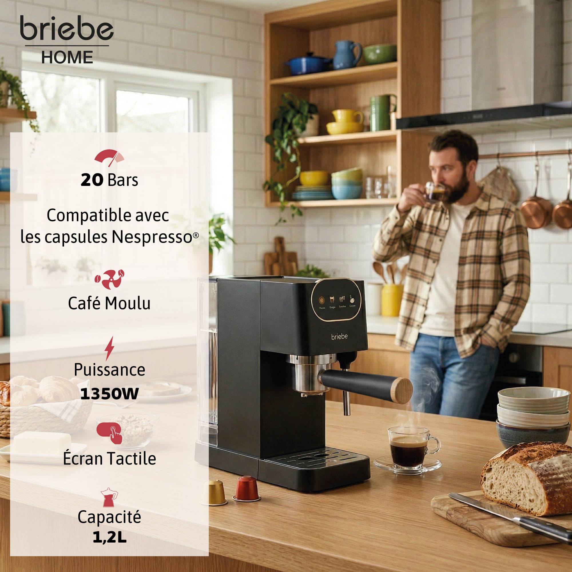 briebe Nordic Machine à Café Expresso 20 Bars Compatible avec Capsules Nespresso et Café Moulu, Semi-Automatique Professionnel 1350W, Mousseur à Lait, Écran Tactile, 1,2L, Design Scandinave, Noir - 4