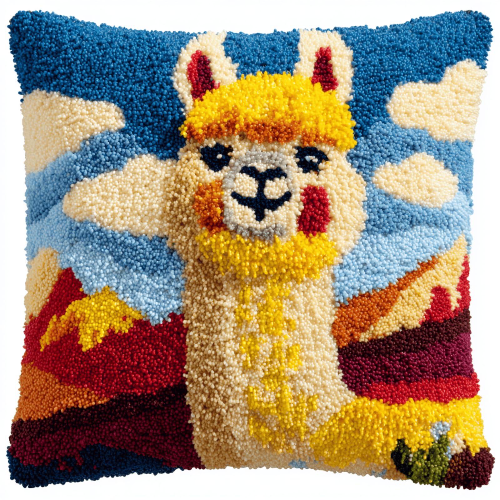 kitphoenix Latch Hook Rug Making Kit for Cushion 43x43 cm,Animal Alpaca,DIY Craft Set with Colour Printed Canvas,Pre-Cut Yarn,Crochet Hook and Instructions