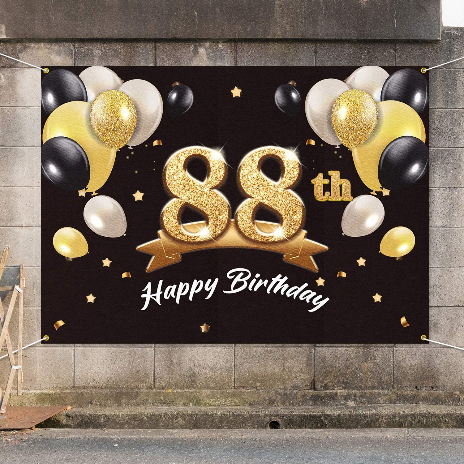 Happy 88th Birthday Banner Backdrop - 88 Birthday Party Decorations Supplies for Men - Black Gold 4 x 6ft - Image 6