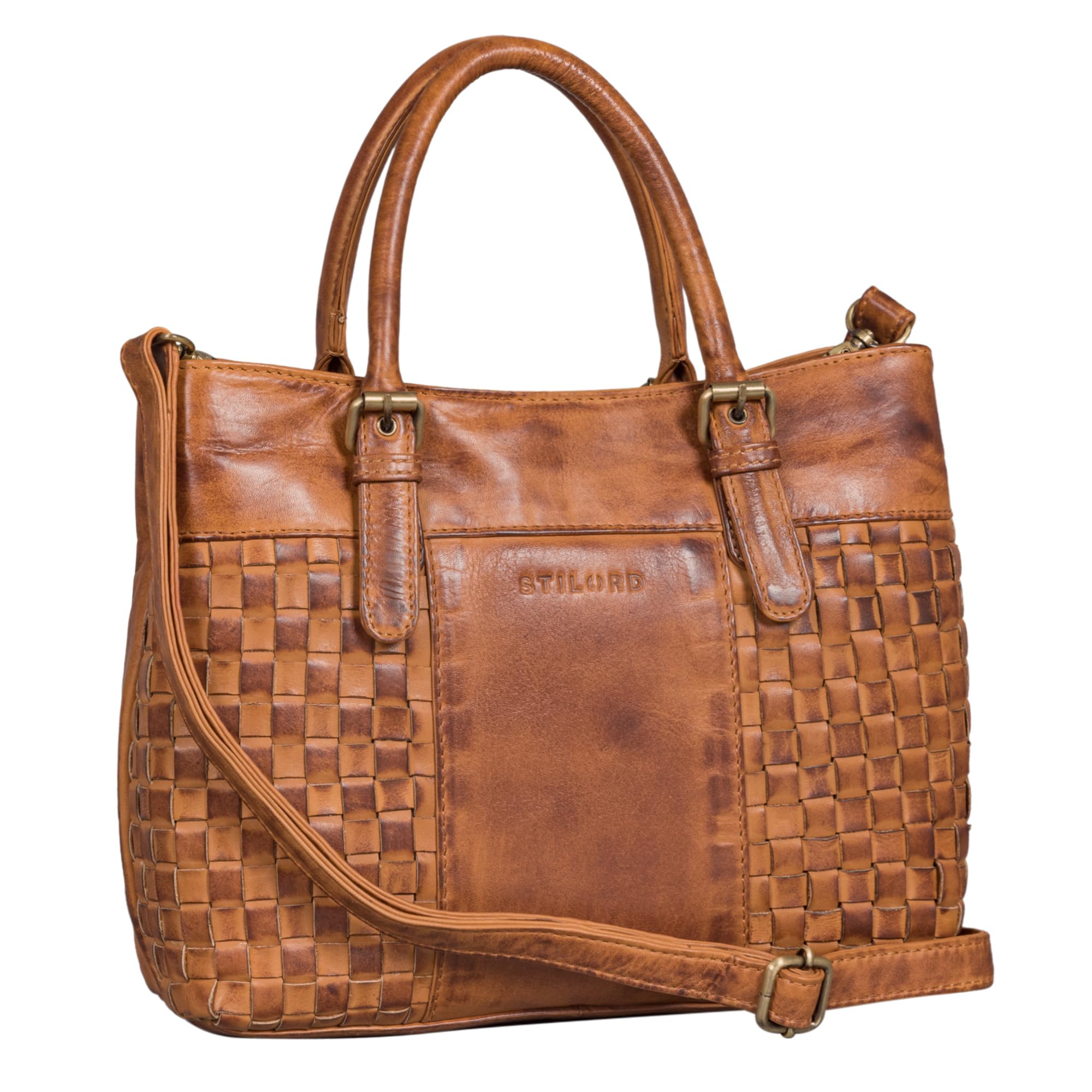 STILORD Daniela Moderno Bolso Piel Mujer con Aspecto Trenzado Bolso Bandolera para Señoras Tote Bag Bolso de Mano Cuero Auténtico Color:larino - marrón