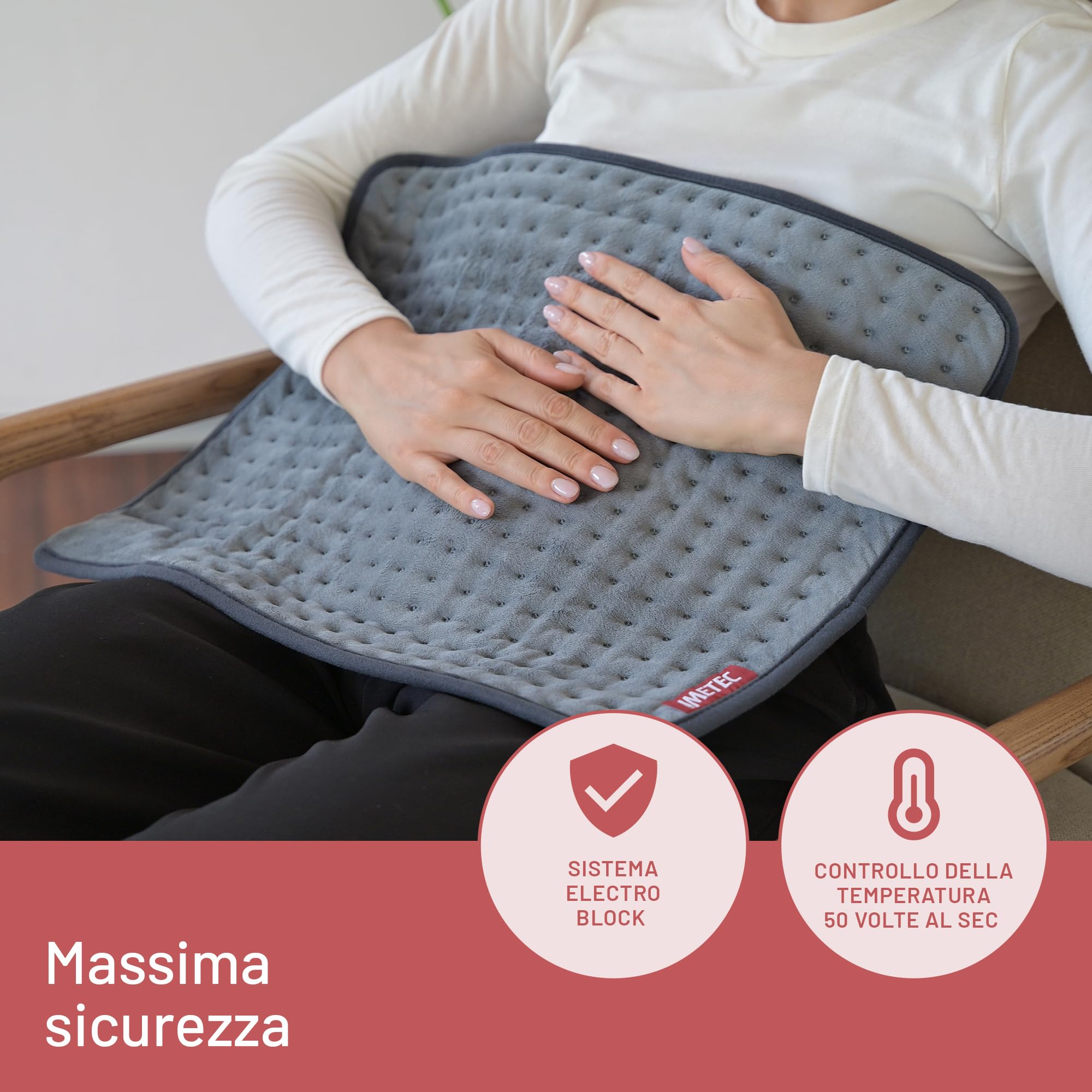 Imetec Intellisense XL, Termoforo Extra Large Schiena e Gambe, Cuscino termico, 38x50 cm, Tessuto Micro Peluche, 5 Temperature, Electro Block di Sicurezza, Riscaldamento Rapido, Lavabile in Lavatrice