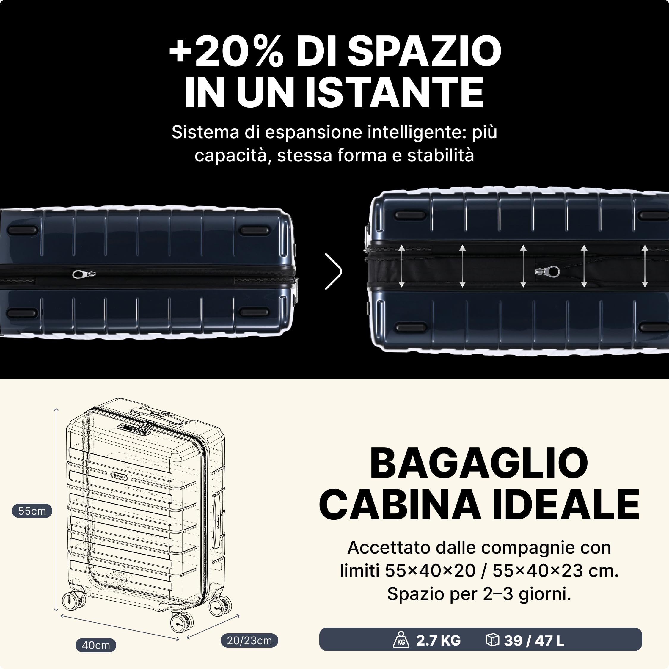 Eminent Voyager Valigia Trolley Bagaglio a Mano 55x40x20, Espandibile | Valigia cabina rigida, policarbonato Makrolon, 2,7 kg, 39L, espandibile 55x40x20/23, lucchetto TSA, 4 ruote, Nero