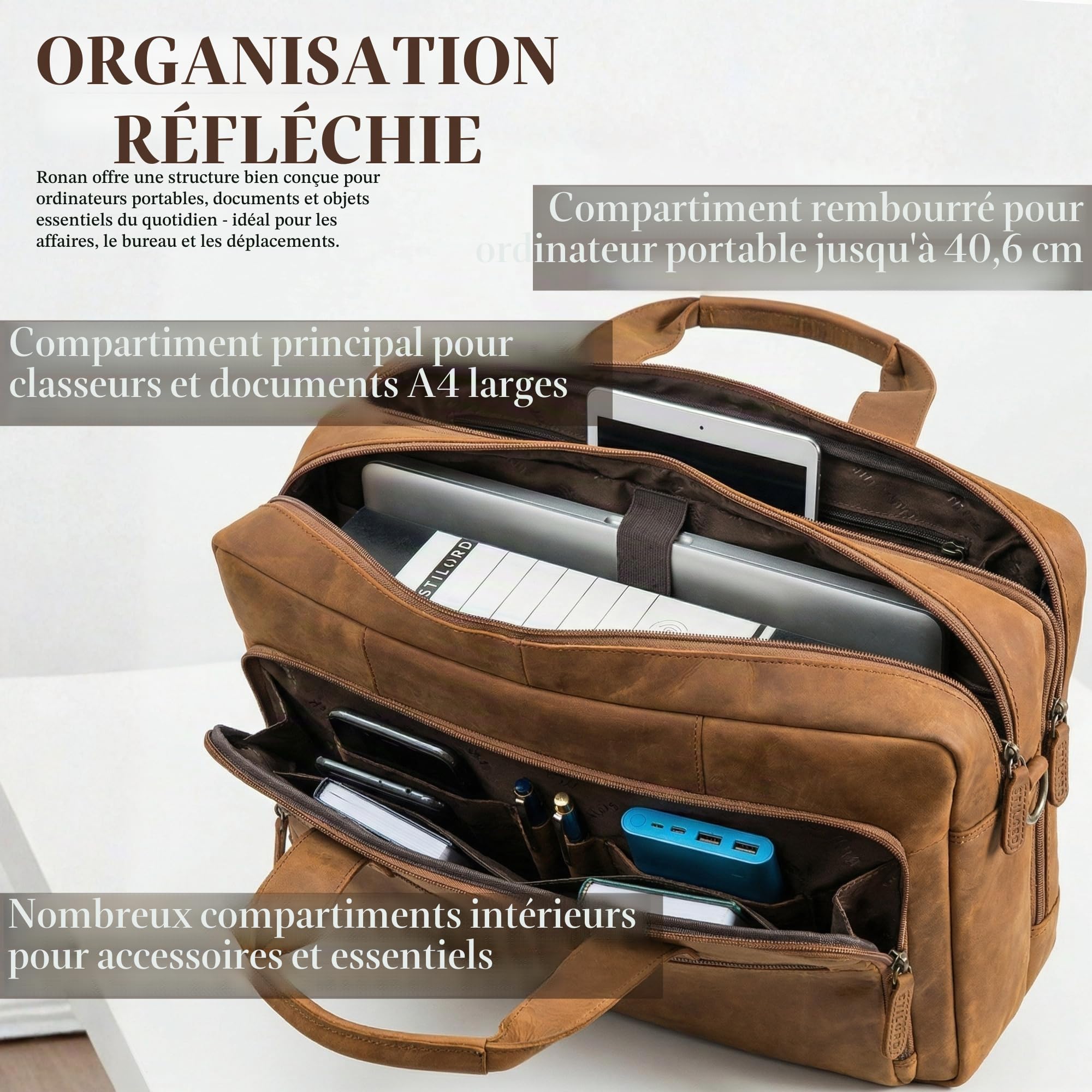 STILORD "Ronan Serviette Cuir Homme Grande Sacoche Ordinateur 16 Pouces Travail Besace Business - Cartable Enseignant A4 Porte Document avec Bandoulière Amovible Couleur:noir