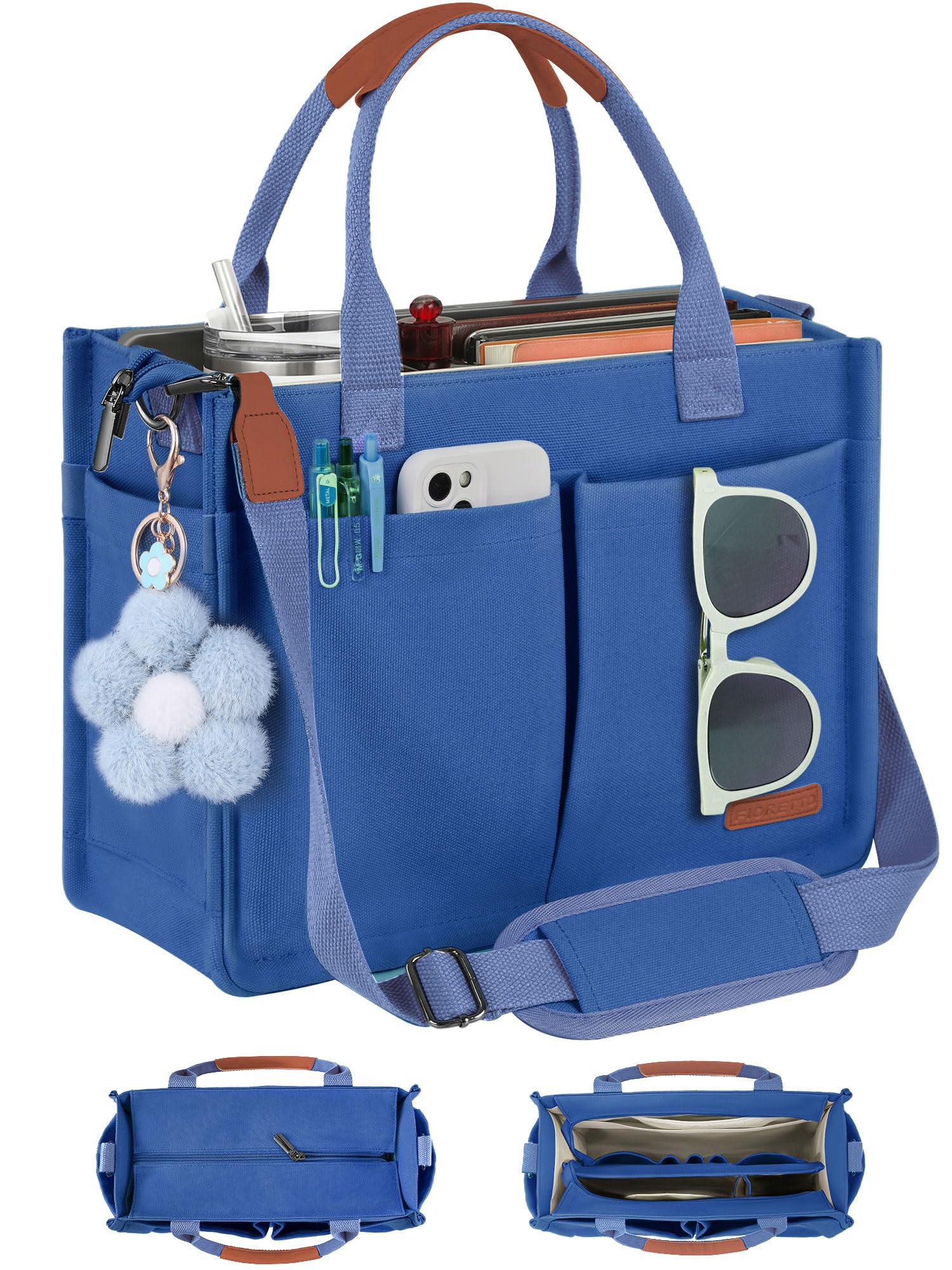 FIORETTO Womens Canvas Tote Bag Purse with Individual Compartment, Zipper Top, Reinforced Bottom &amp; Luggage Sleeve