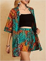 Vista 4 de MakeMeChic conjunto de 2 piezas para mujer estilo boho, blusa kimono tropical con frente abierto y pantalones cortos