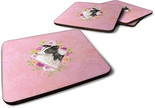 Caroline's Treasures CK4258FC Border Collie - Juego de 4 posavasos de espuma con diseño de flores rosadas, para interiores y exteriores, protección