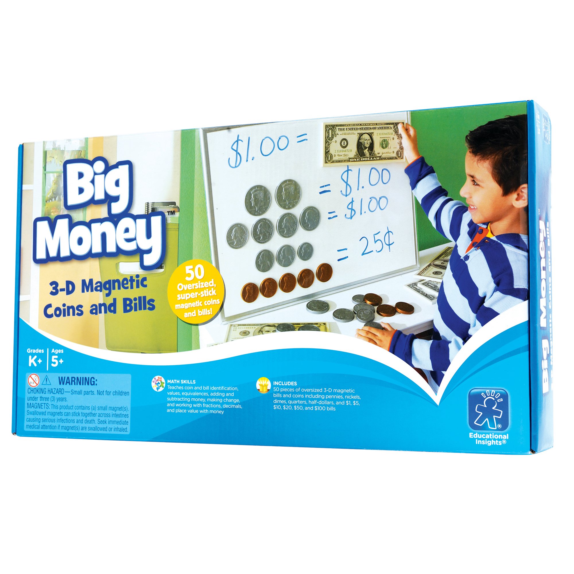 Educational Insights Big Money 3-D Magnetic Coins and Bills: 50 Magnetic Coins & Bills for Classroom or Home, Counting Skills & Pretend Play, Ages 5+
