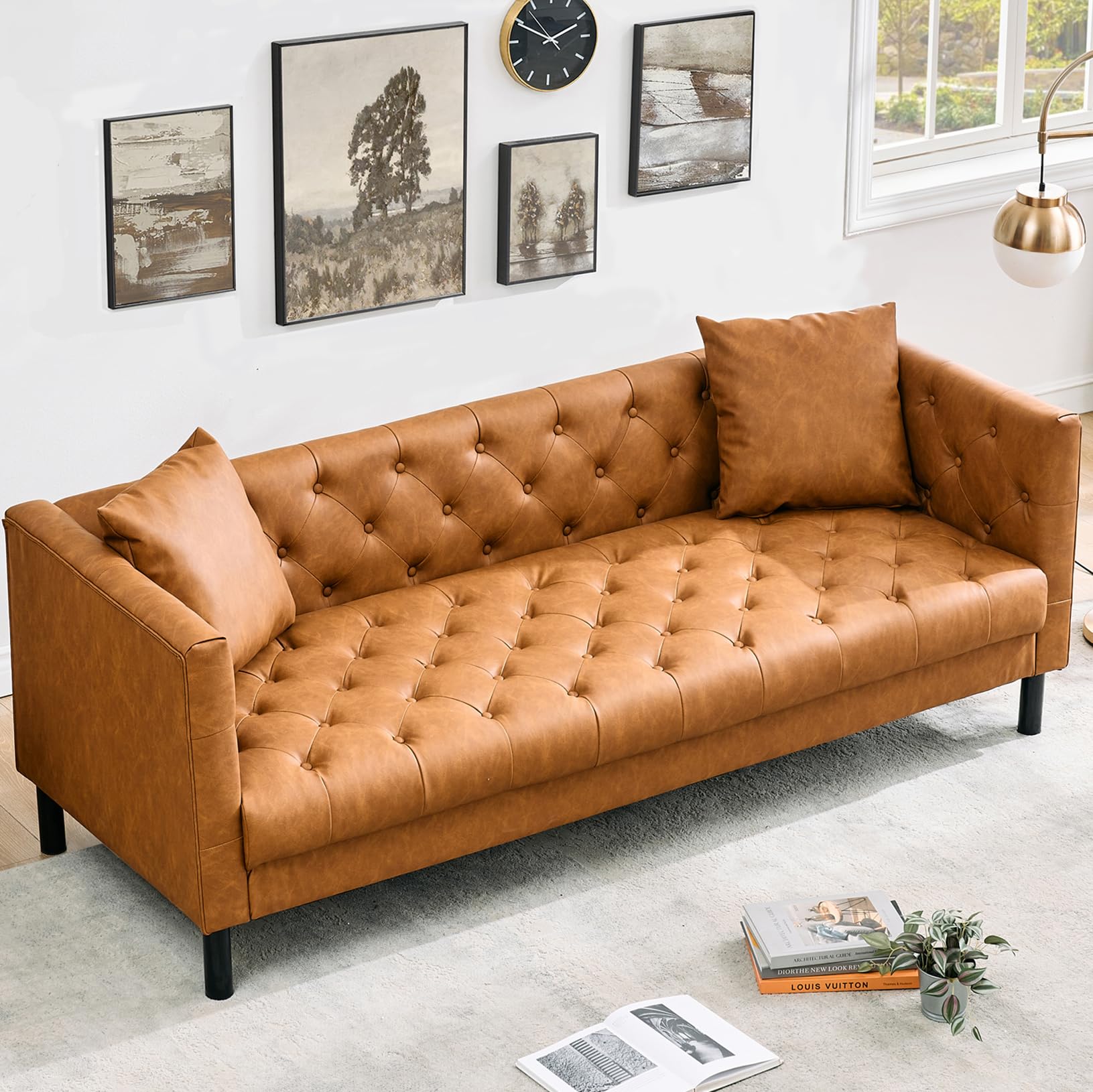 IDEALHOUSE 81" Leather Sofa, Button-Tufted 3 Seater Sofa, Mid-Century Modern Leather Couch with Deep Seat, Chesterfield Sofa for Living Room, Apartment, Office, Brown