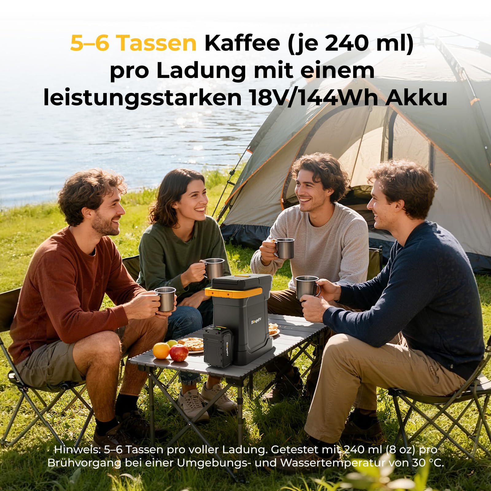 BougeRV Akku-Kaffeemaschine 144 Wh 8 Ah AC 230V Camping Kaffeemaschine für gemahlenen Kaffee & Kaffeepads