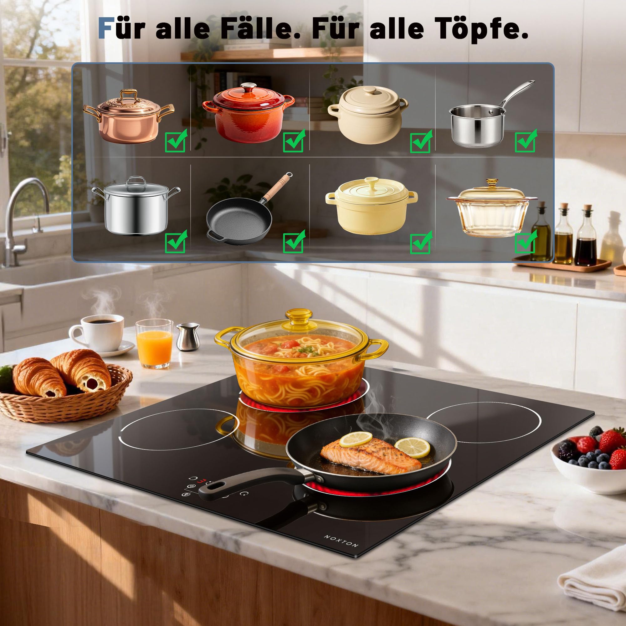 NOXTON Glaskeramikkochfeld 4 Platten 60 cm 9 Heizstufen Touch-Steuerung 220V-240V 6000W