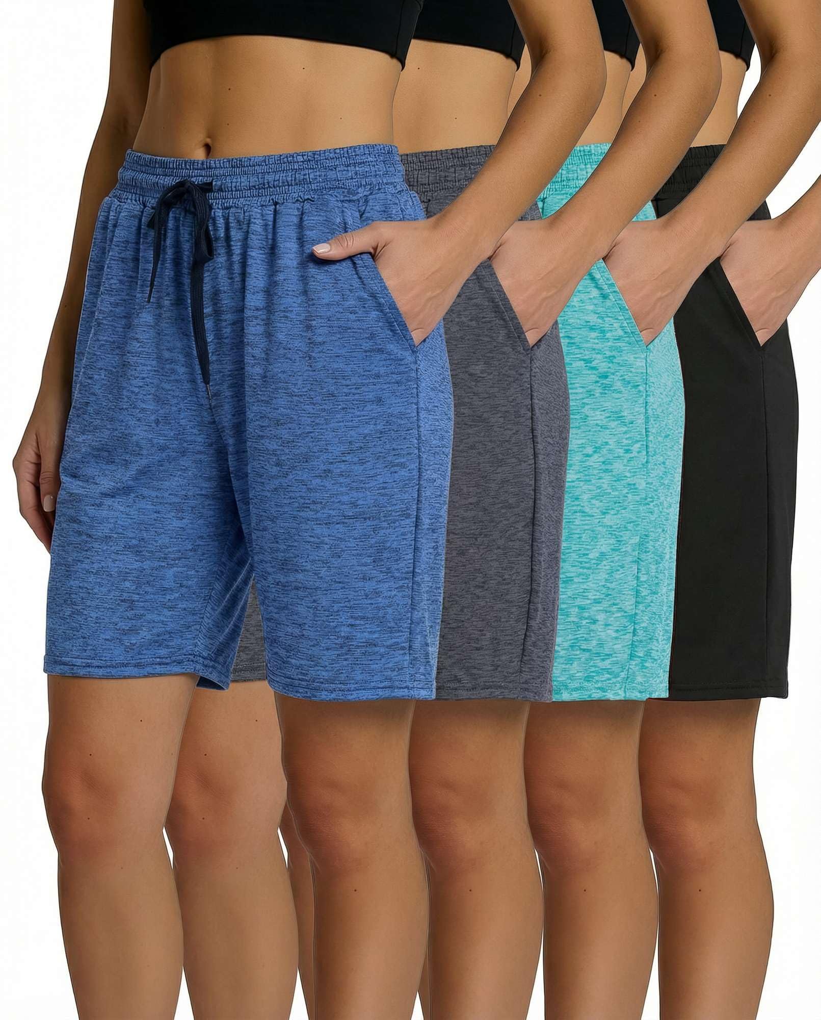 Real Essentials 4 Pack: Women's Dry-Fit Athletic 7" Bermuda Long High Waisted Running Shorts (Available in Plus Size)