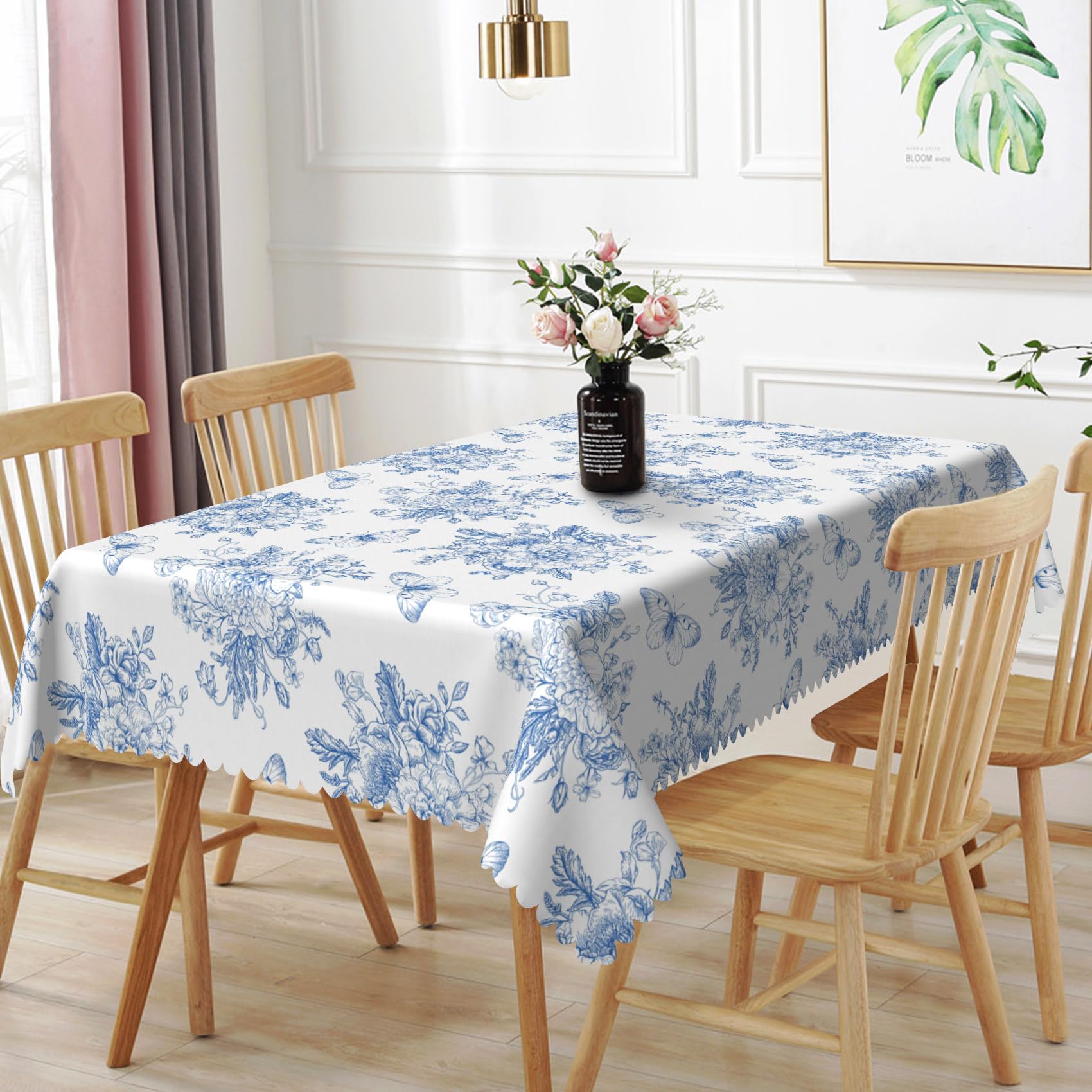 TTQYFNM 70x140inches Blue Floral Rectangle Tablecloth Rustic Butterfly Blue White Flower Tablecloths Waterproof Fabric Farmhouse Decorative Table