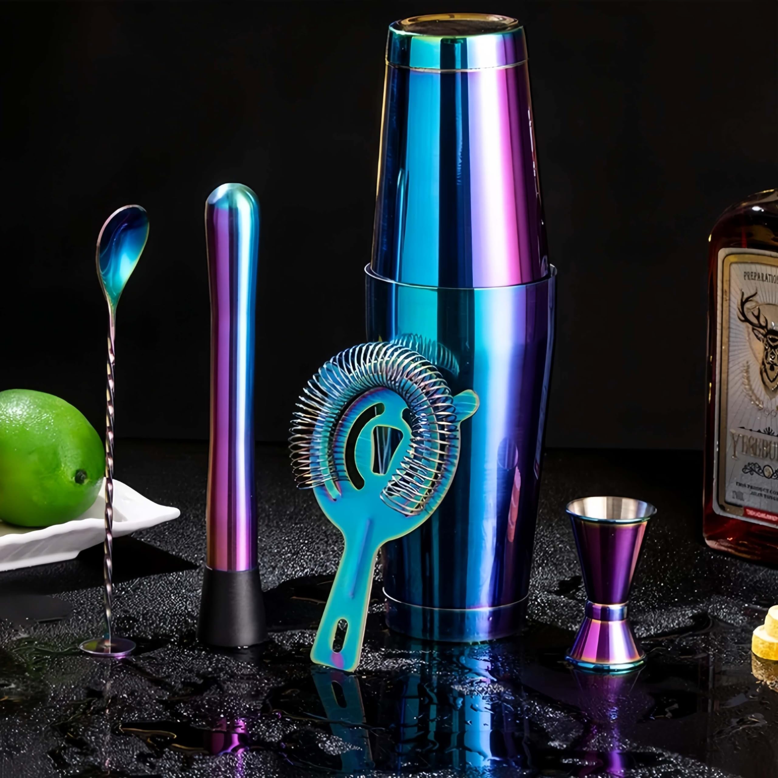 Shaker à Cocktail en INOX, Ensemble De Shakers Colorés Électrolytiques en Acier Inoxydable, À Cocktail, Accessoires for Le Vin, Cuillère Absinthe(11 Set Rose Gold)