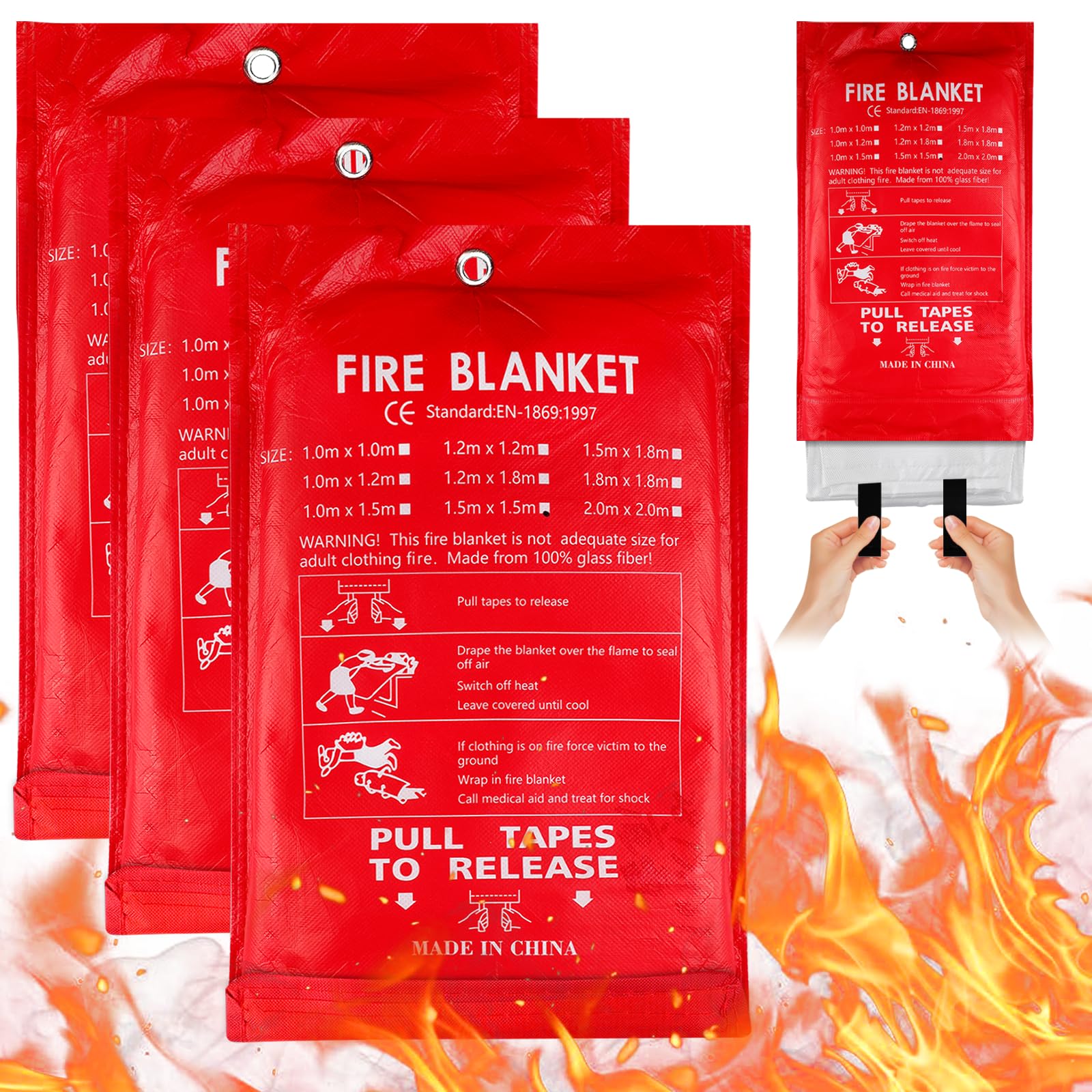 Couverture anti-feu : 3 pièces 100 x 100 cm Couverture anti-incendie de cuisine, couverture anti-incendie en fibre de verre, pour la maison incendie de graisse feux de graisse, bureaux, garages