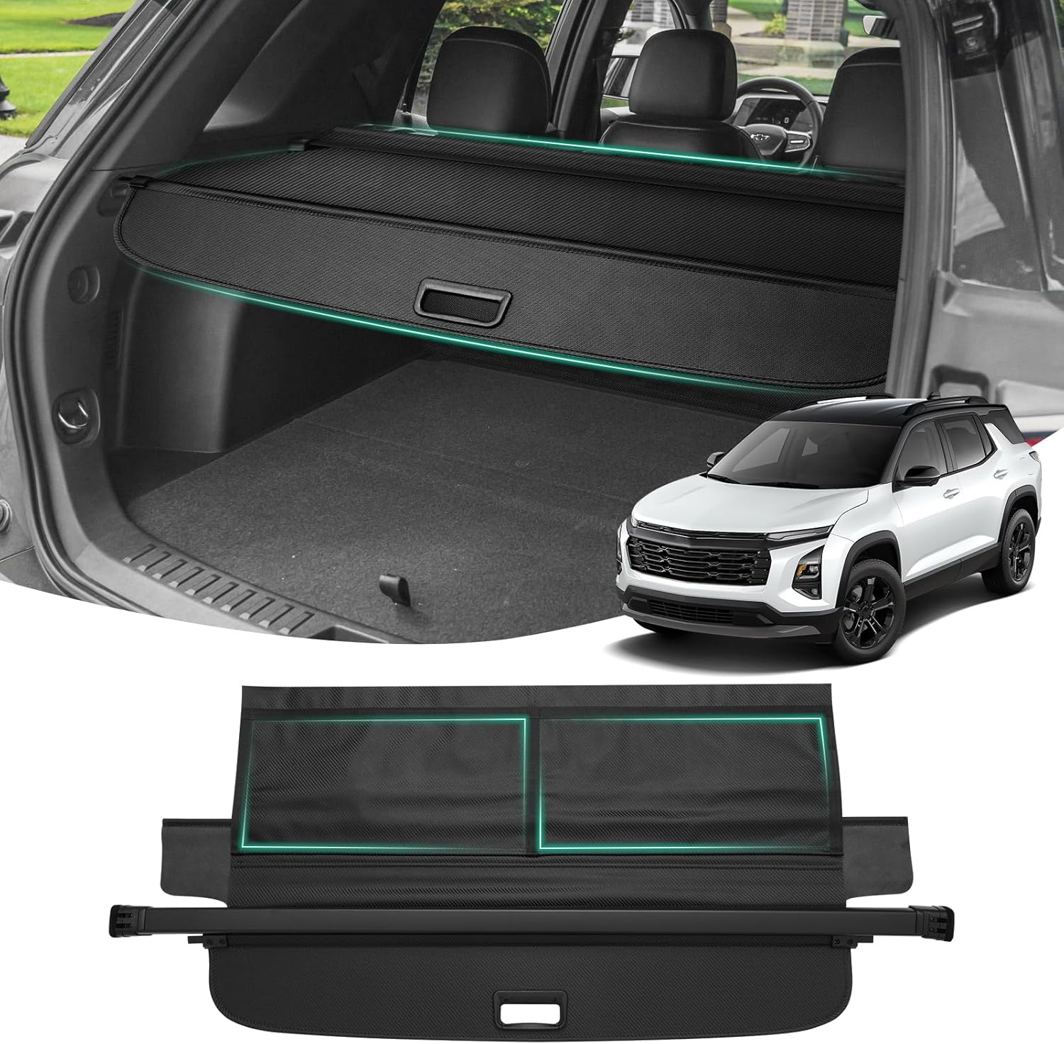 Powerty Cargo Cover for 2025 2026 Chevy Chevrolet Equinox Accessories Trunk Cover Retractable Trunk Shielding Shade Cargo Luggage Cover with Storage Cargo Net No Gap