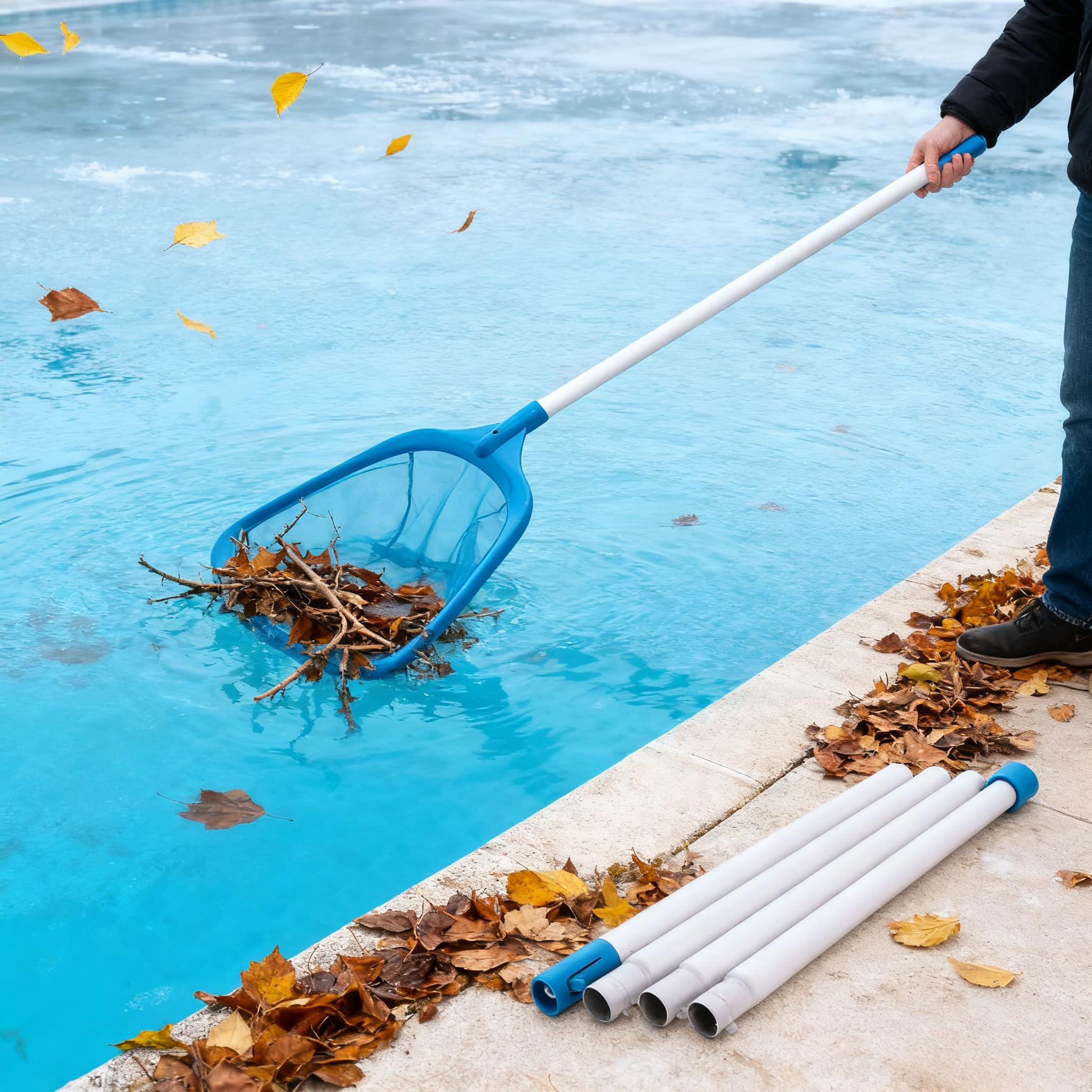 Retino per piscina con asta telescopica da 160 cm, manico staccabile a 4 sezioni, rete per foglie profonde per piscina
