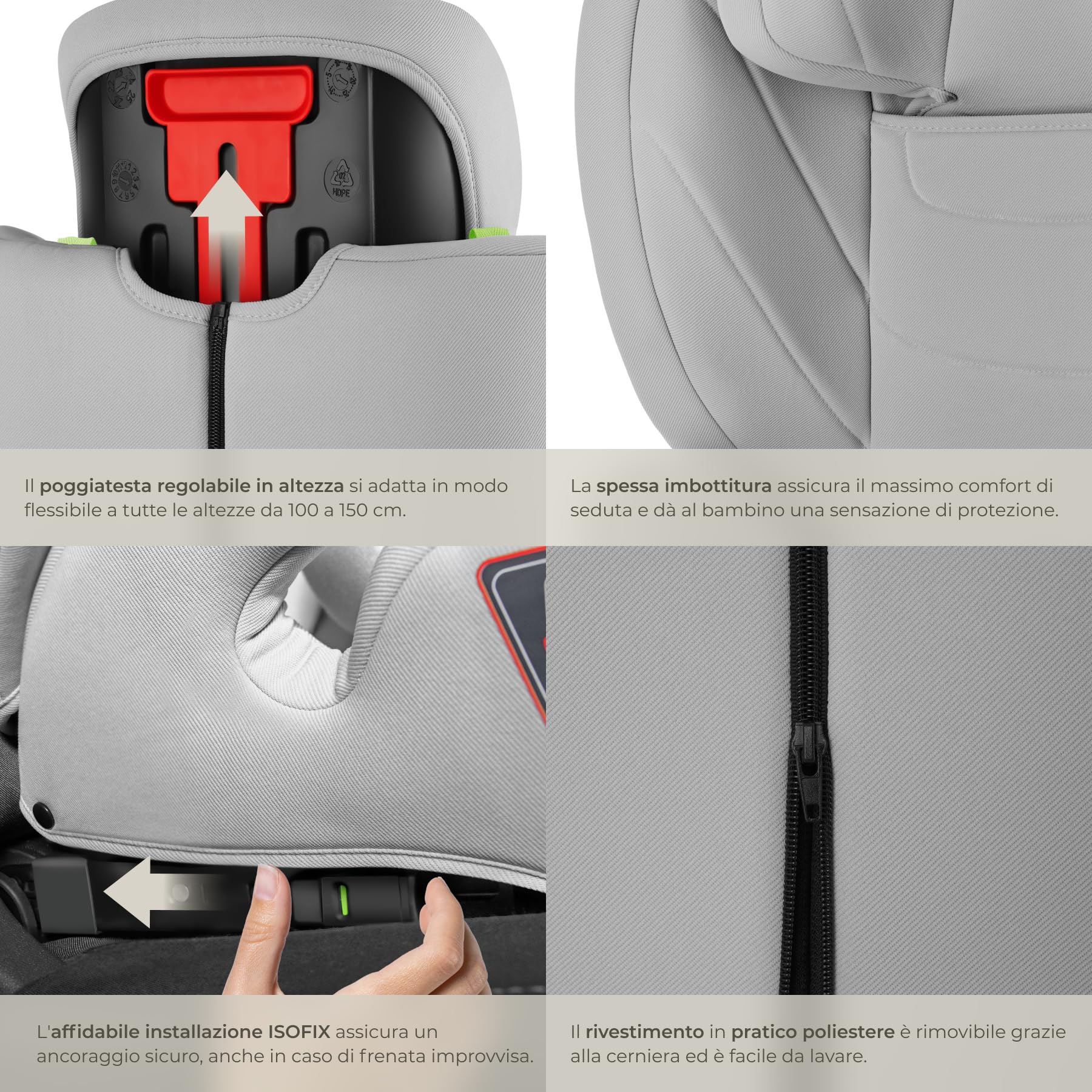 tectake® Seggiolino Auto i-Size con ISOFIX, Omologazione ECE R129, Protezione Impatti Laterali, Altezza Regolabile 100-150cm, Rivestimento Lavabile, Imbottitura Confortevole, Per Auto - Grigio Chiaro