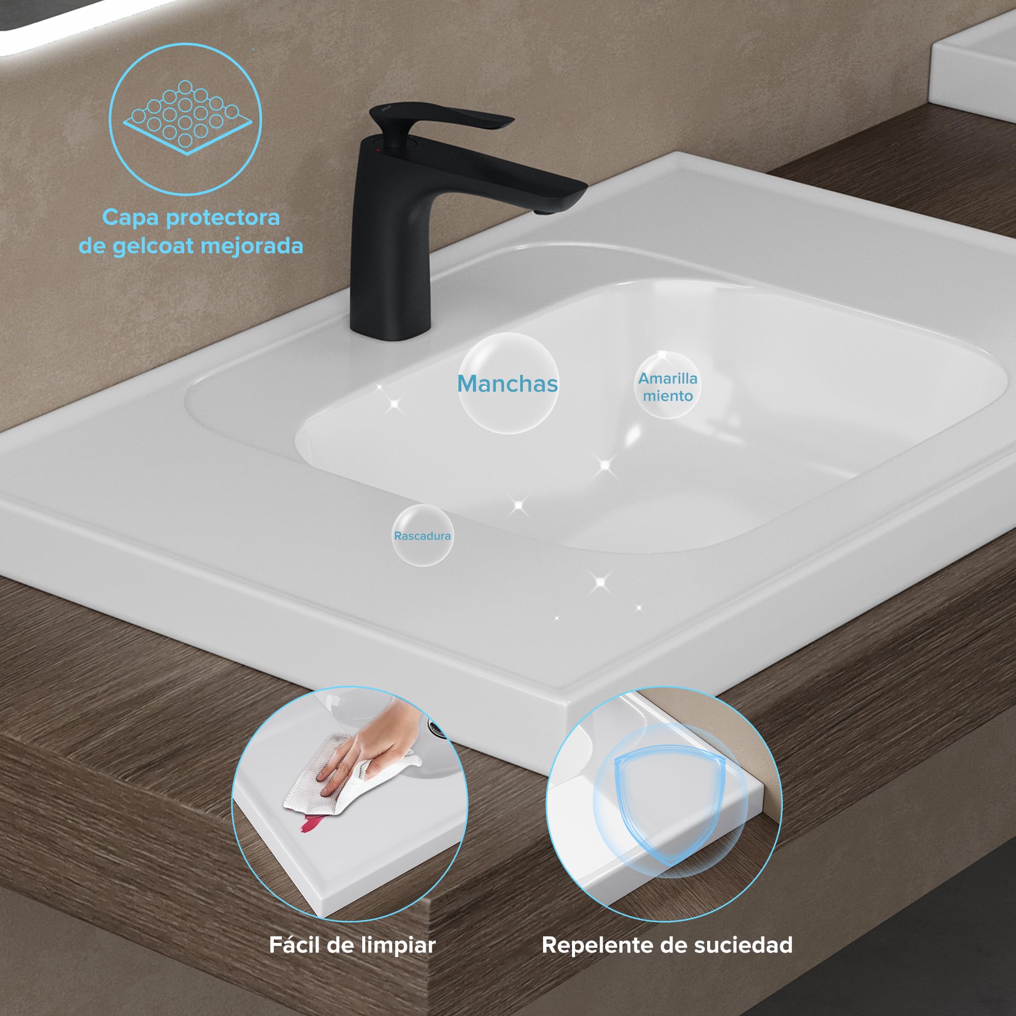 doporro Lavabo encastrado blanco para baño 60x50x16.5cm Colossum3601 lavabo de mármol fundido