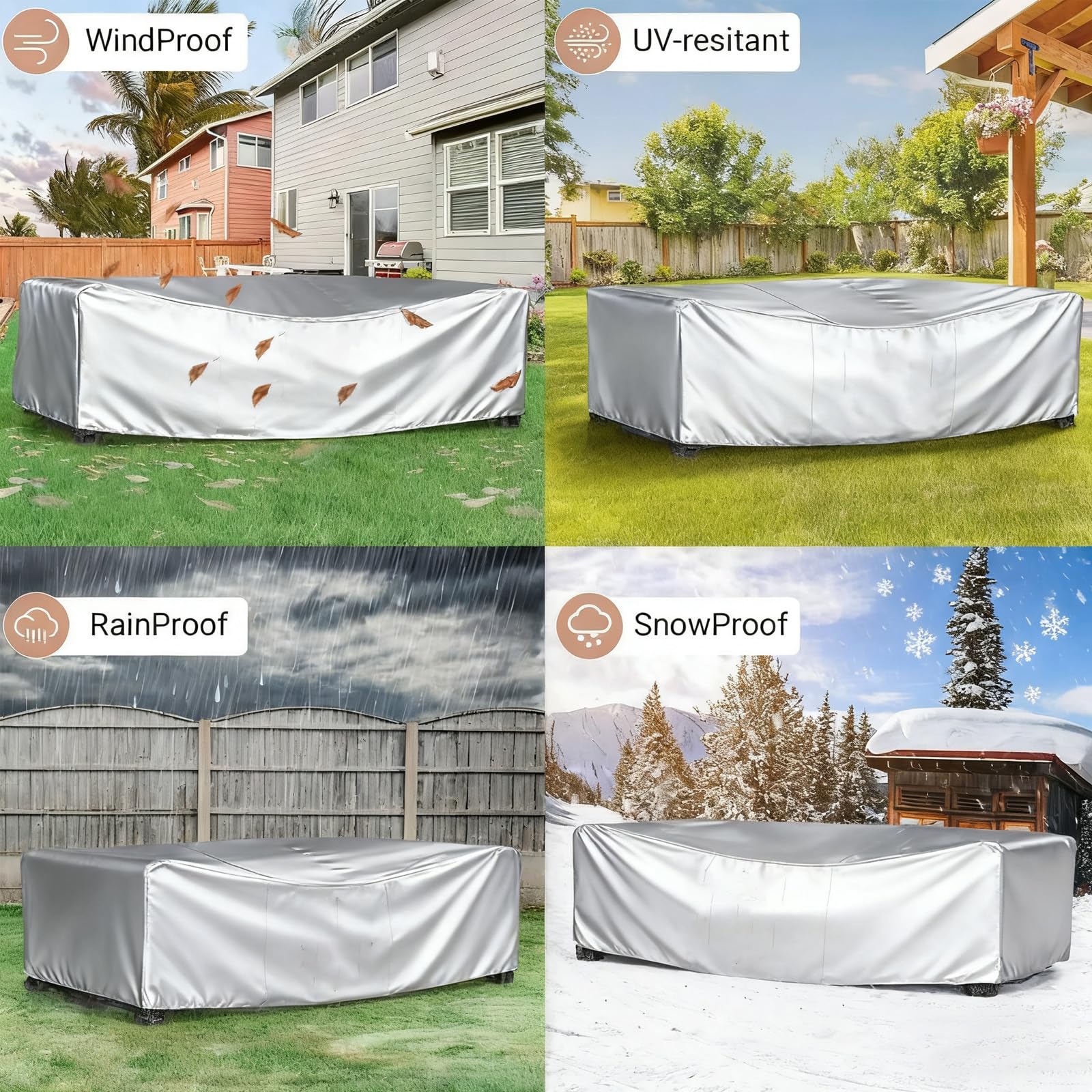 Copertura Tavolo Esterno Impermeabile 300x300x100cm Argento Copertura per mobili da Giardino Rettangolare, Telo Copri Impermeabili per Tavolo e Sedie da Antivento/UV/Impermeabile