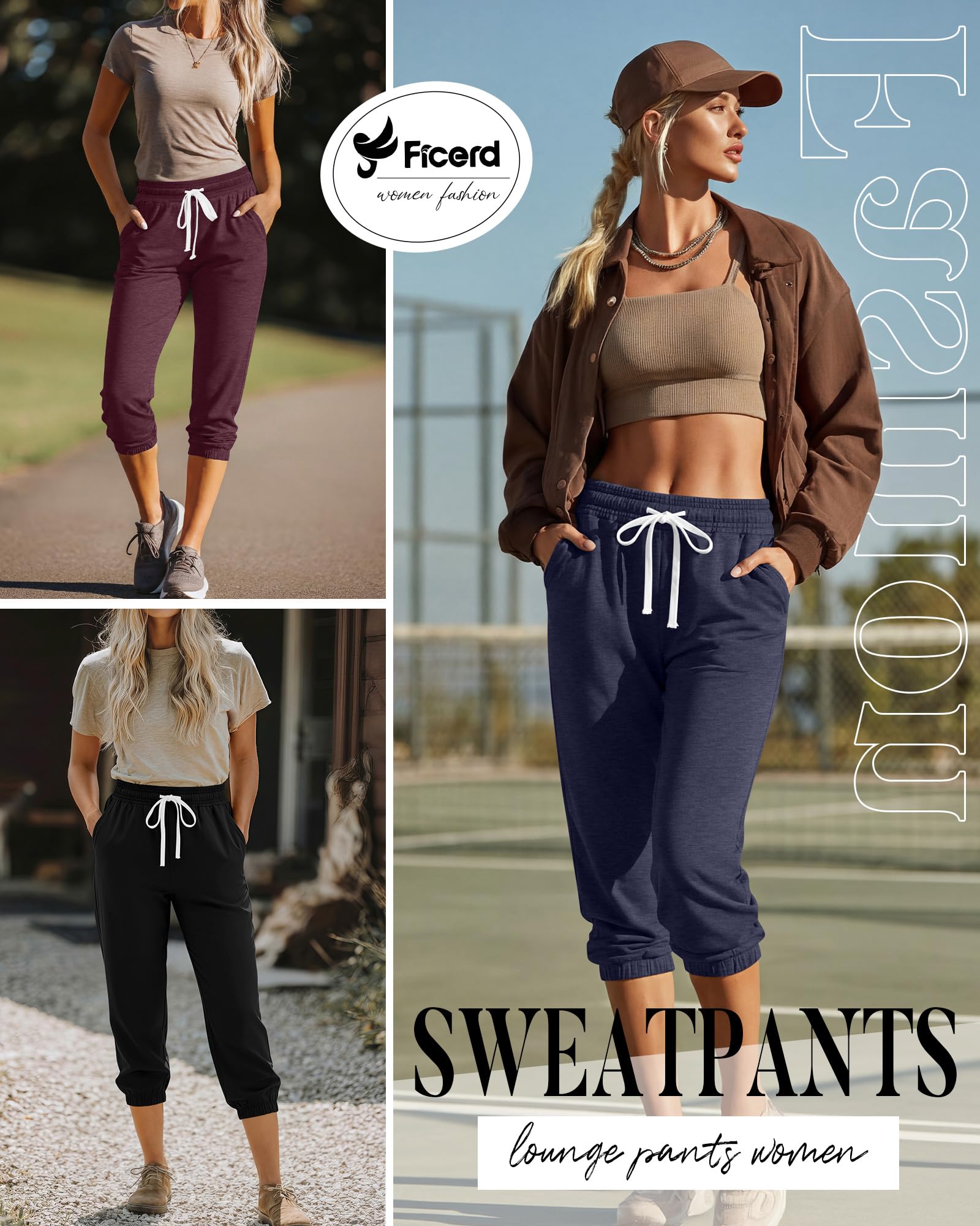 Ficerd 3-teiliges Damen-Capri-Jogginghosen-Set Sommer-Freizeithose Sporthose Cropped-Low-Fit High-Waist sportlich mit Taschen