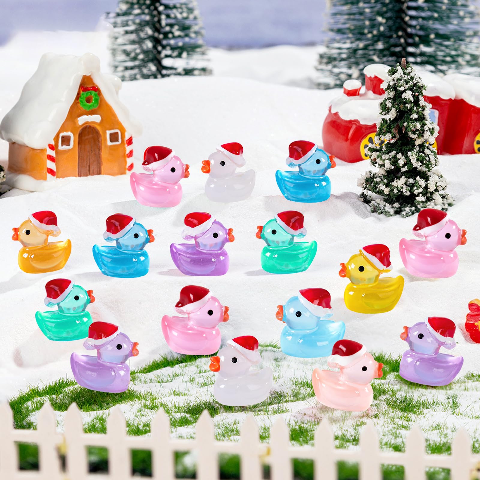 AIEX 100pcs Canards De Noël En Résine, Mini Canards Résine Petits Canards Avec Chapeau De Noël Petit Canard Miniature En Résine Pour Jardin Paysage Décorations De Maison De Poupée (Coloré
