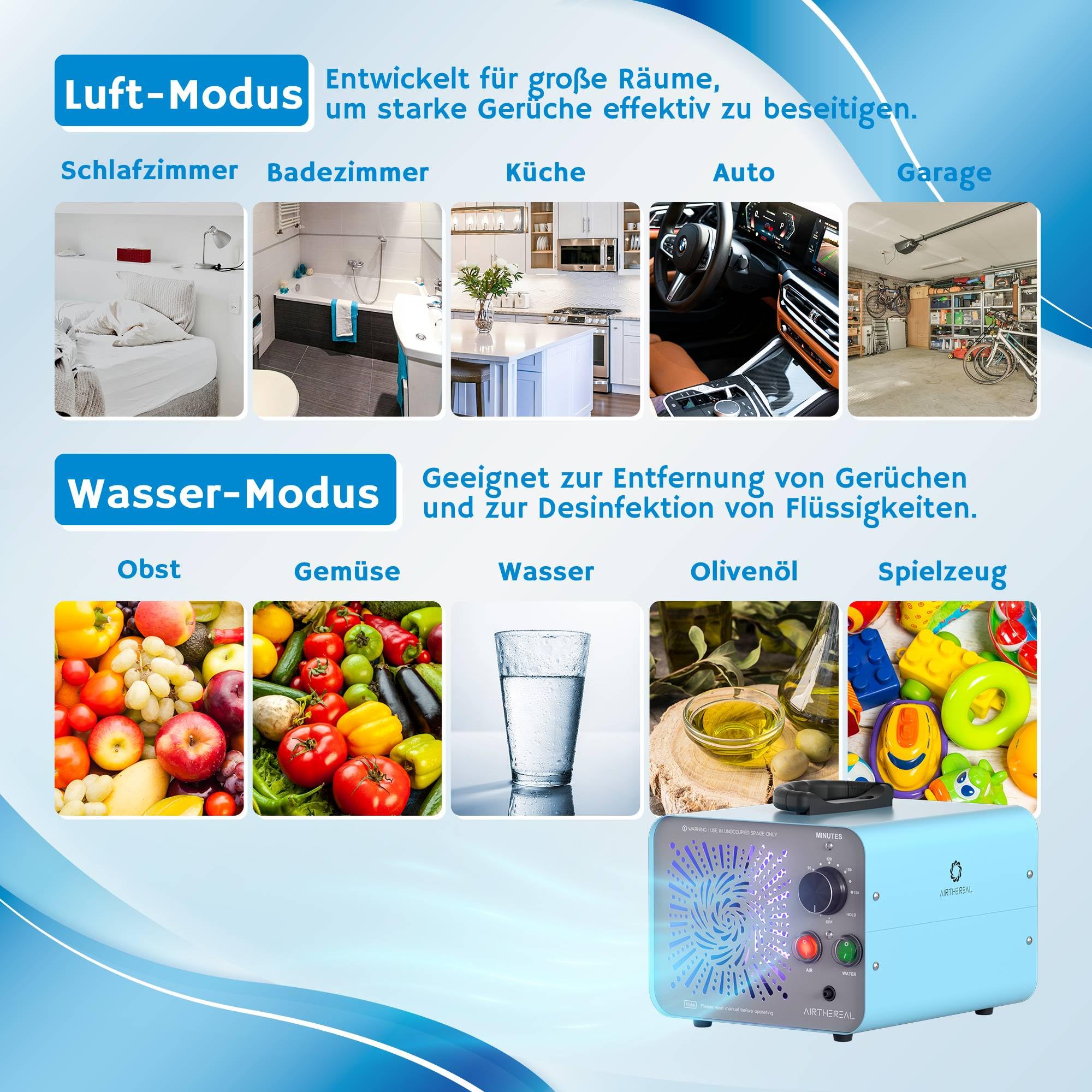 Airthereal MA25L Generator ozonu - urządzenie 2w1 do oczyszczania wody i powietrza, generator ozonu z dużą wydajnością do eliminacji zapachów - pokrywa do 370 m², ozonator do samochodu, mieszkania