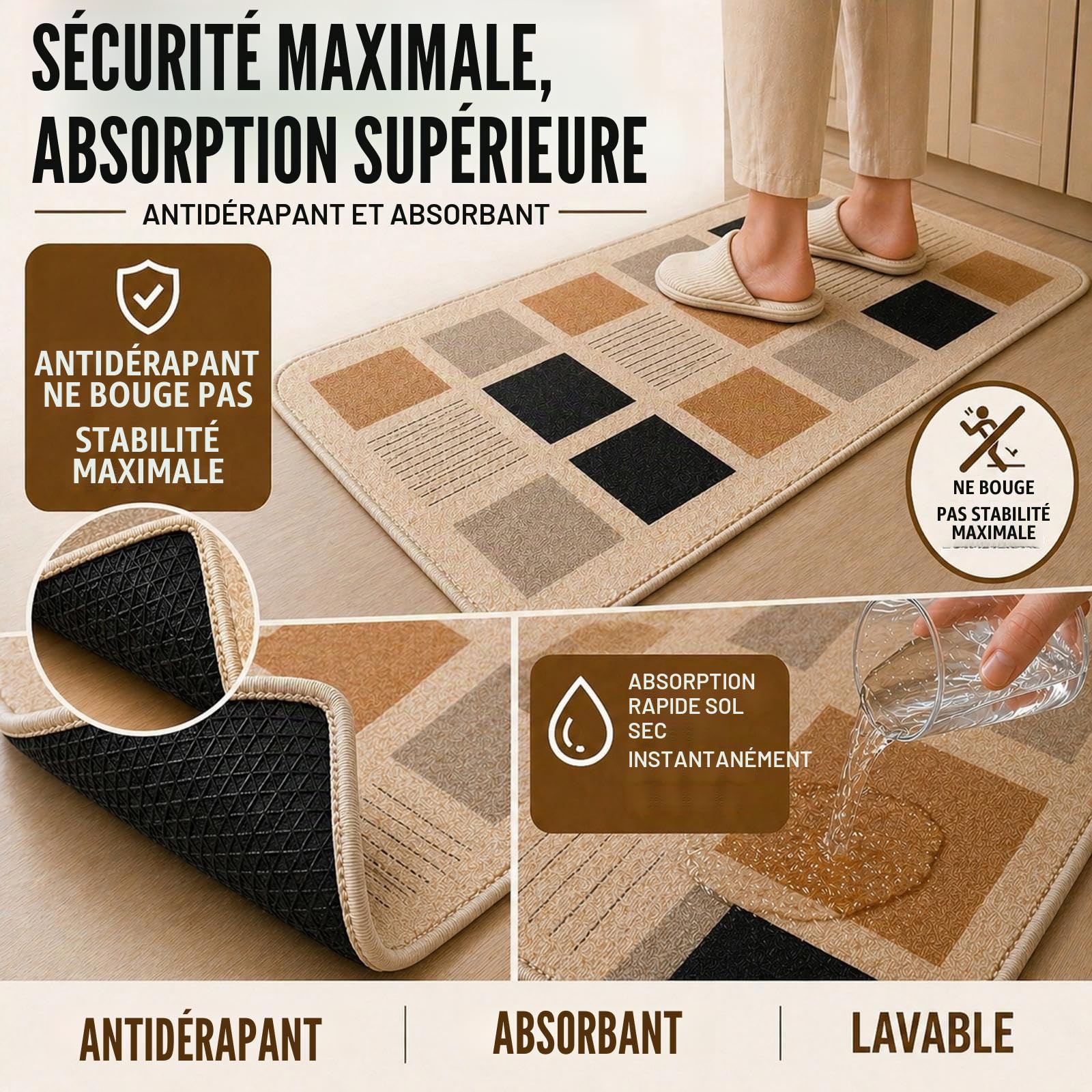 Tapis de cuisine lavable antidérapant - Lot de 2 tapis de cuisine et 2 chiffons en microfibre - Design effet lin - Résistant aux liquides (150 x 45 et 50 x 45 cm)