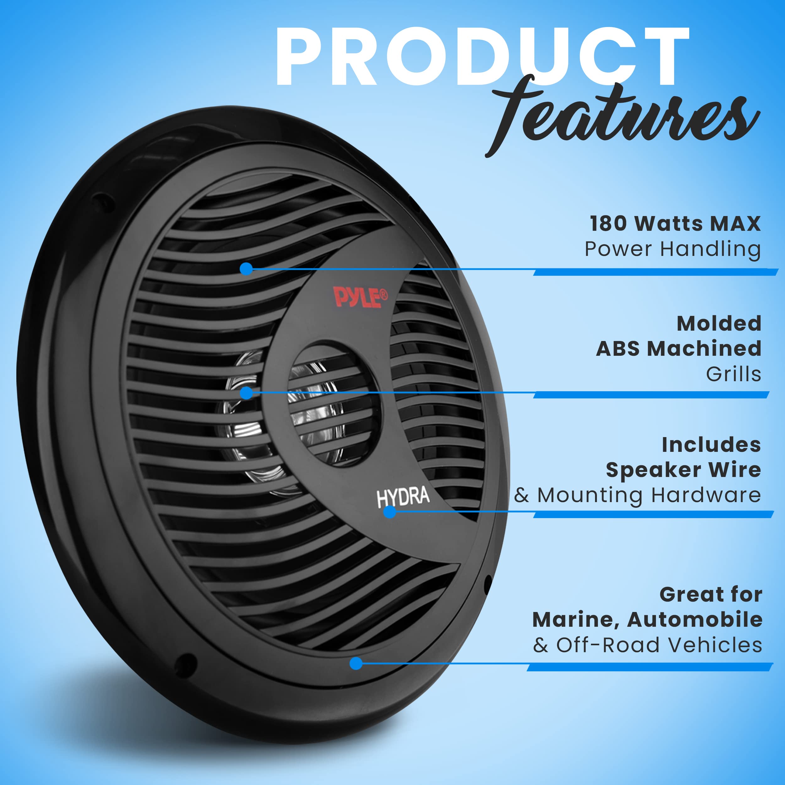 Pyle Altavoces para vehículos Marinos de 8 Pulgadas, Sistema de Altavoces Dobles de 180 W y 4 ohmios Impermeables para automóvil, Cono de Polipropileno con Borde de Goma, imán de 20 onzas, Bobina de