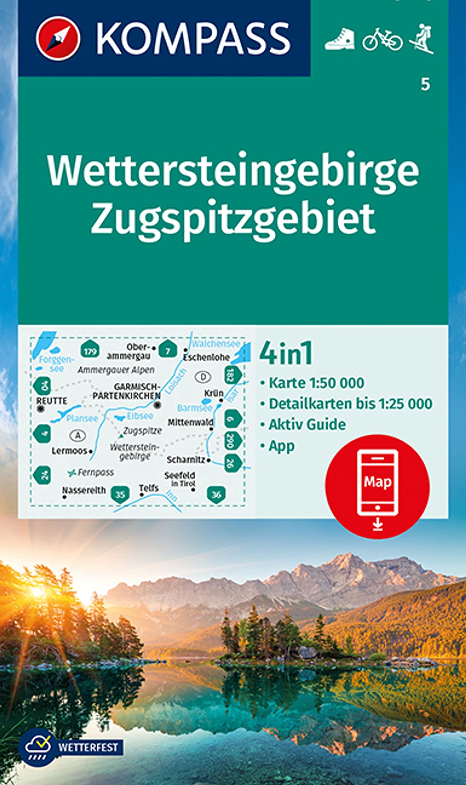 Wettersteingebirge Zugspitzgebiet + Aktiv Guide (5): 4in1 Wanderkarte mit Aktiv Guide und Detailkarten inklusive Karte zur offline Verwendung in der KOMPASS-App. Fahrradfahren. Skitouren.