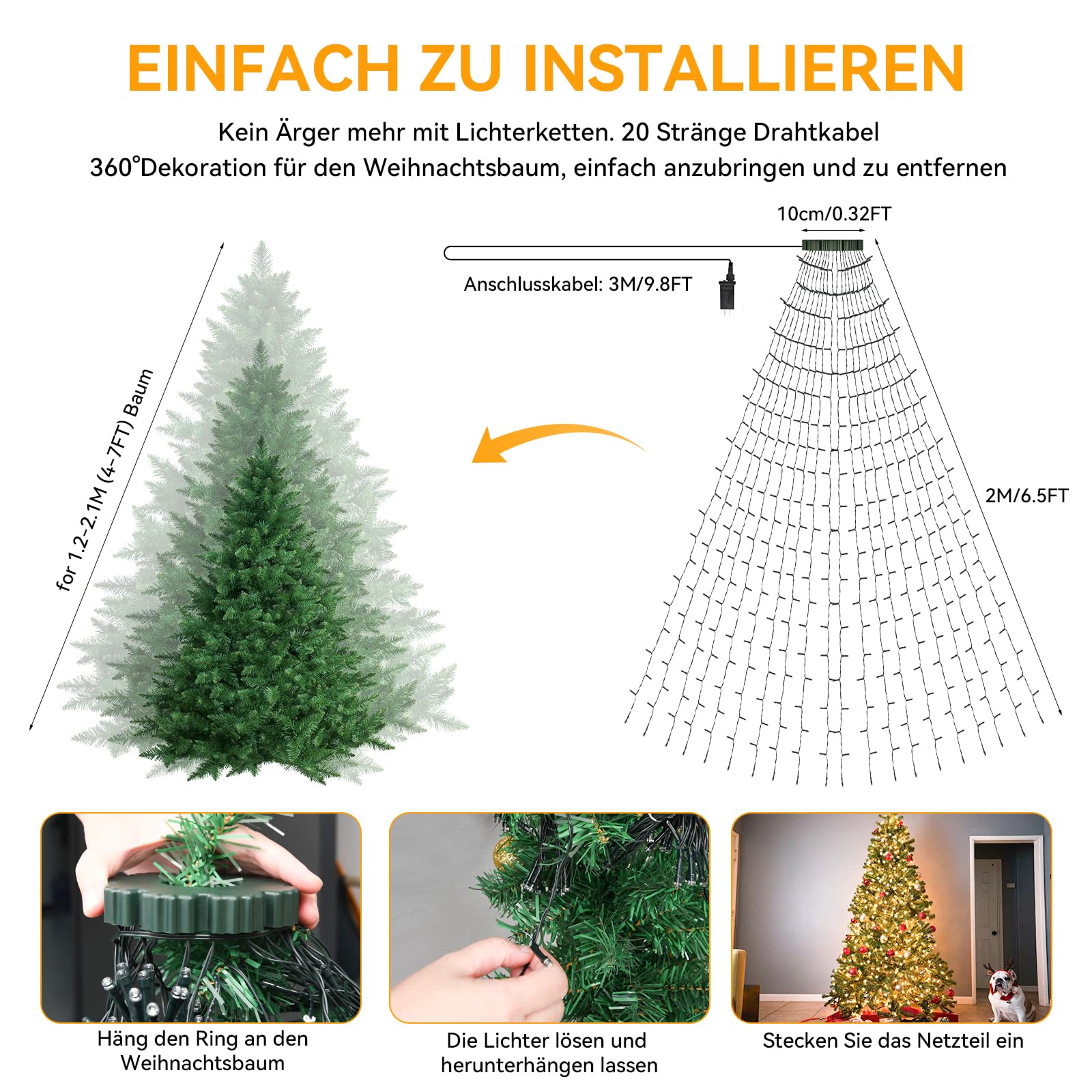 Weihnachtsbaum Lichterkette 2m – 400 LEDs, 20 Stränge, Warmweiß, 8 Modi, Fernbedienung & Timer, Für Bäume 1,5–2,4m