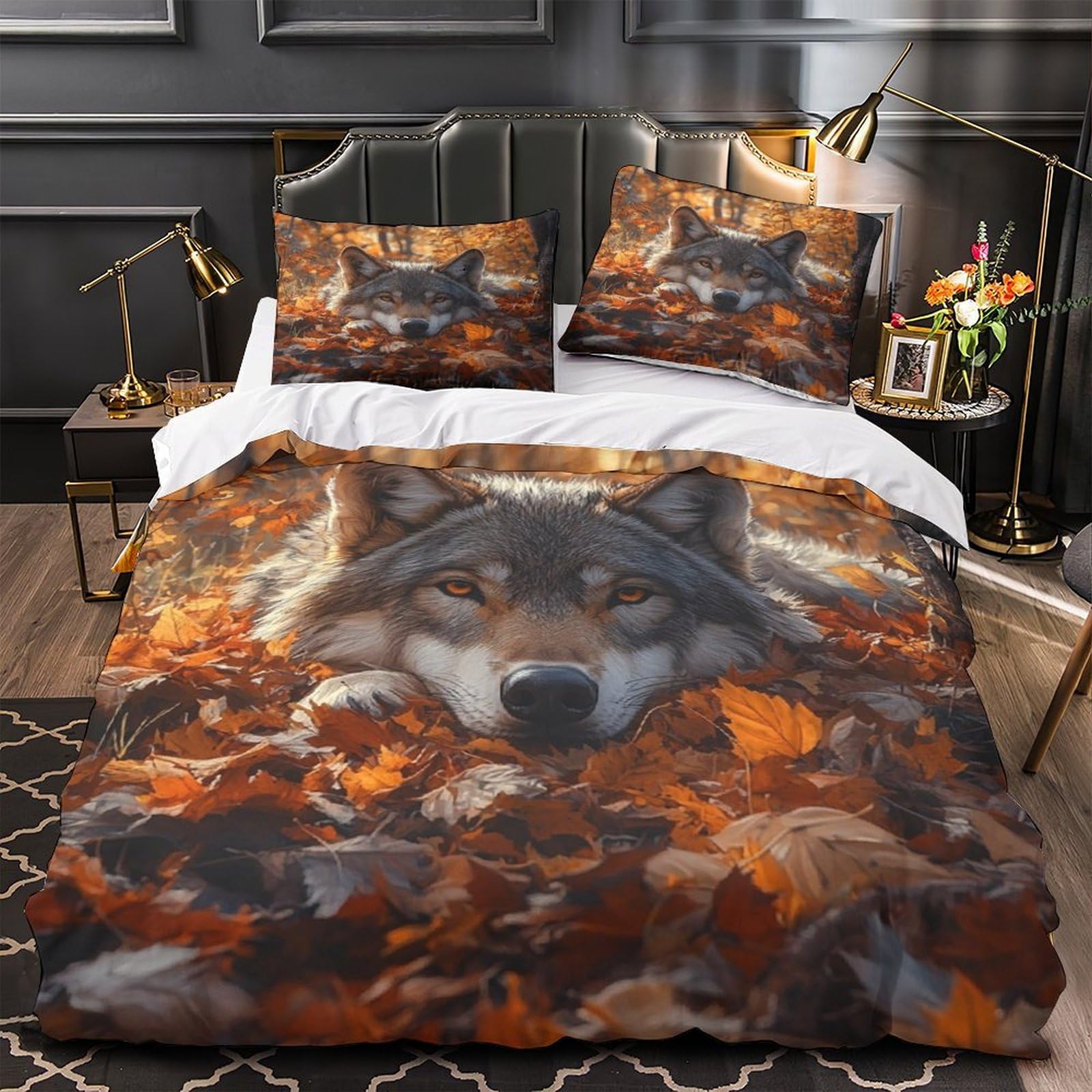 Housse de couette loup 3D microfibre 260x220 cm avec 2 taies d'oreiller pour lit super king