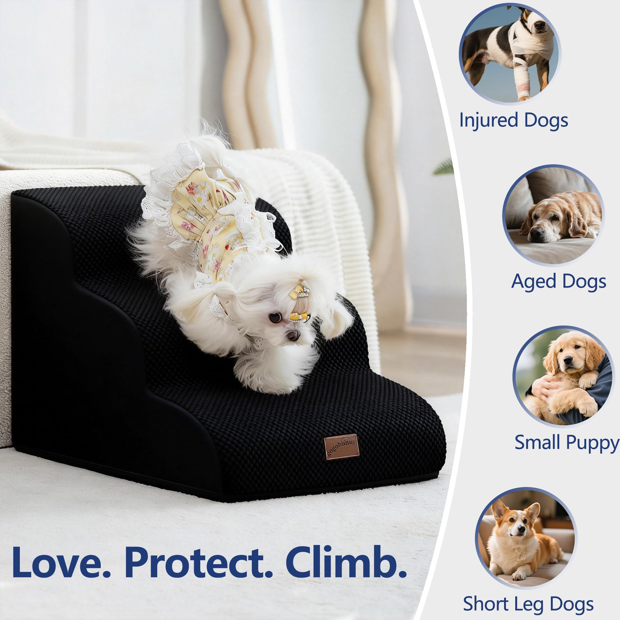 gogobunny Rampe Katze Hund Treppe für Betten, Katzentreppe mit strapazierfähigem, wasserdichtem Stoffbezug, Haustiertreppe für alte große Hunde Klettern (Schwarz, 3-stufig (56,9 cm D x 39,9 cm B x