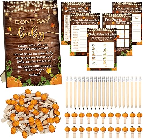 Patelai 321 piezas de suministros para juegos de baby shower, 5 juegos (50 tarjetas cada uno) tarjetas de actividades con 20 lápices, 1 letrero de