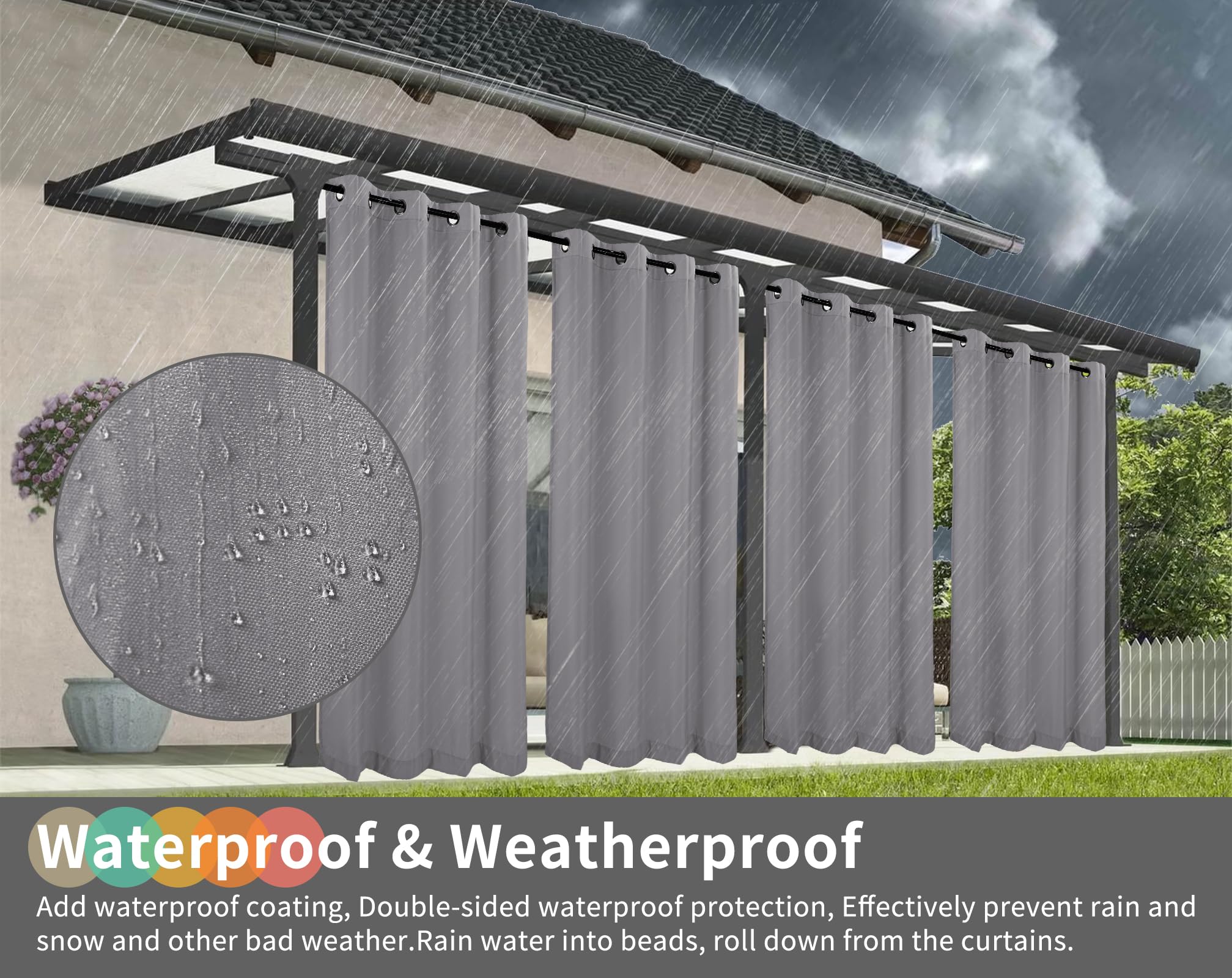 Teruntrue 2 Stücke Outdoor Vorhang Wetterfest mit Ösen, Outdoorvorhänge Balkon Vorhang Terrasse Vorhänge Outdoor Gardinen Sonnenschutz & Sichtschutz Vorhänge mit Schlaufen Unten, H213 x B254 cm, Grau