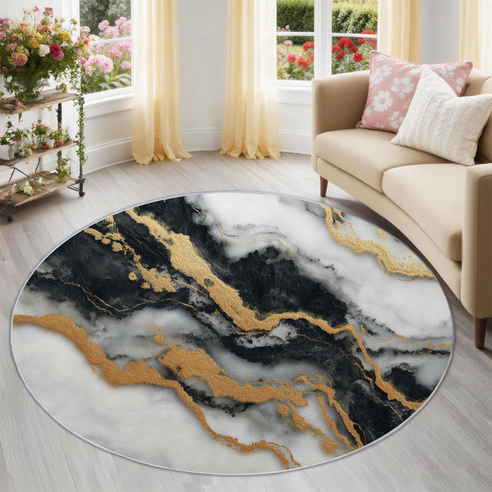 Tapis rond pour salon et nurserie noir et or style marbre contemporain 100 cm