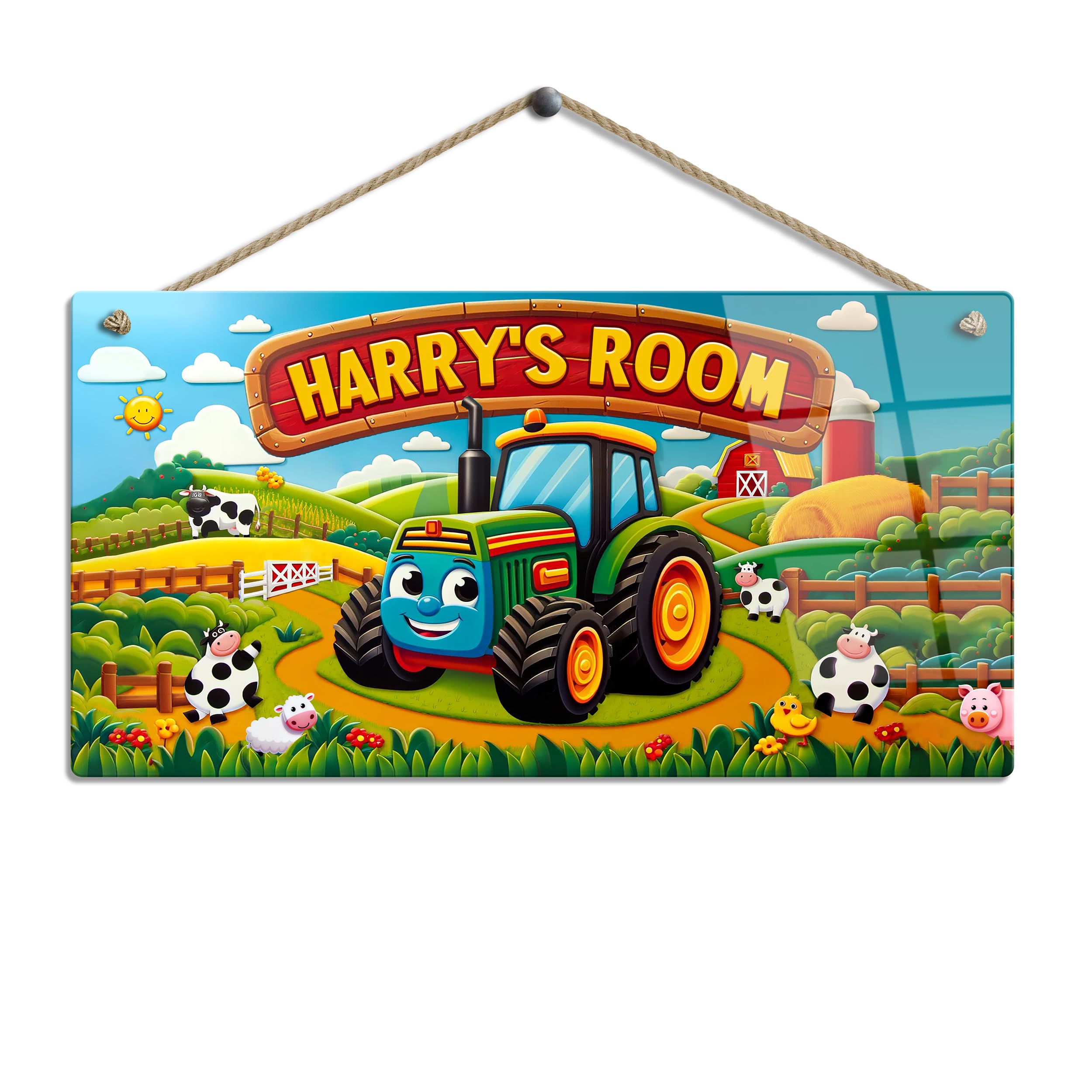 Personalised Children's Room Sign with Name. Gloss Metal Wall Art. Baby, Toddler, Infant or Childs Bedroom. 4. Farmyard Tractor. Size: Large