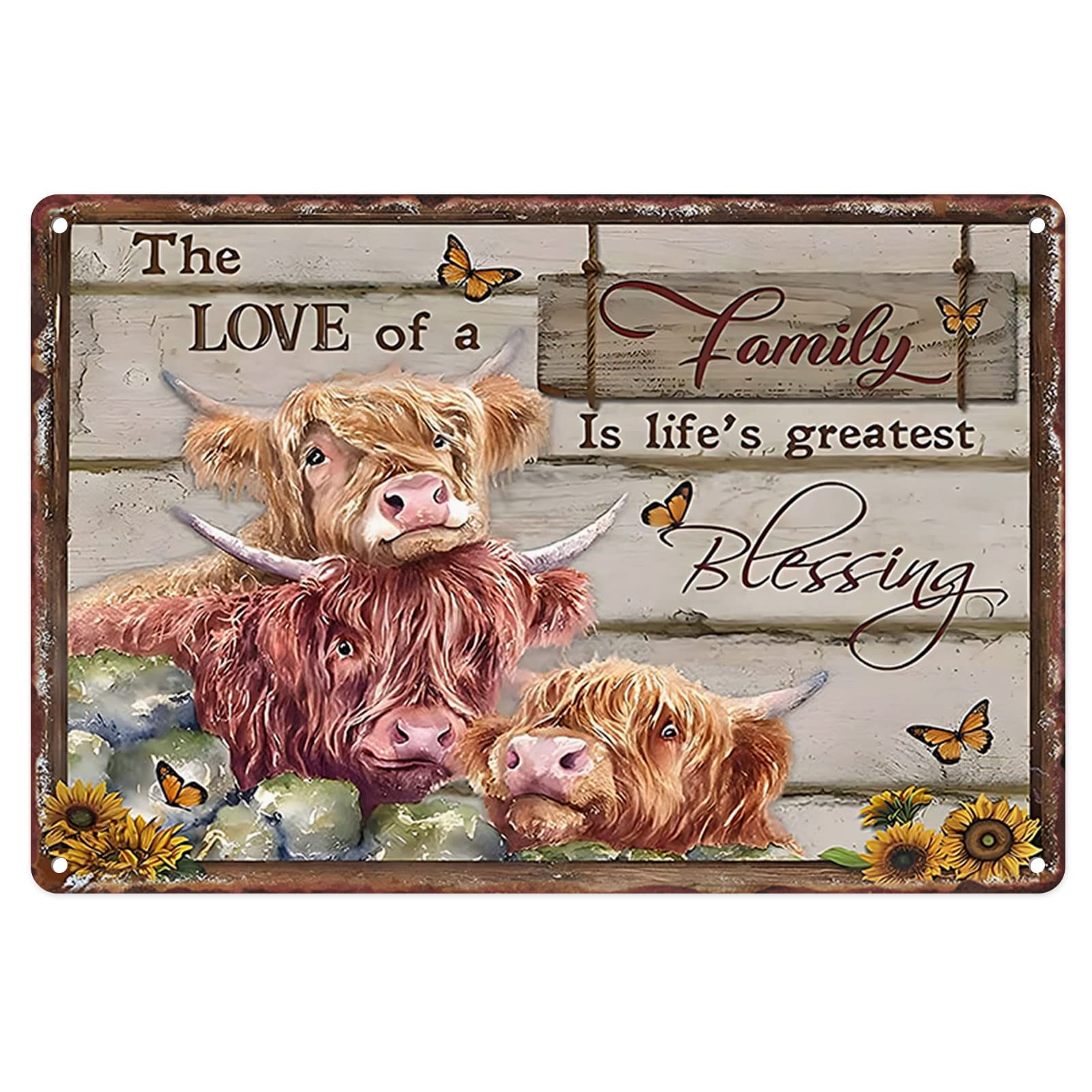 Flavas A003 Metal Tin Sign Vintage Highland Cows The Love Of A Family Is Life's Greatest For Home, Kitchen, Farmhouse, Living Room, Bedroom Wall Decor 12X8 Inches
