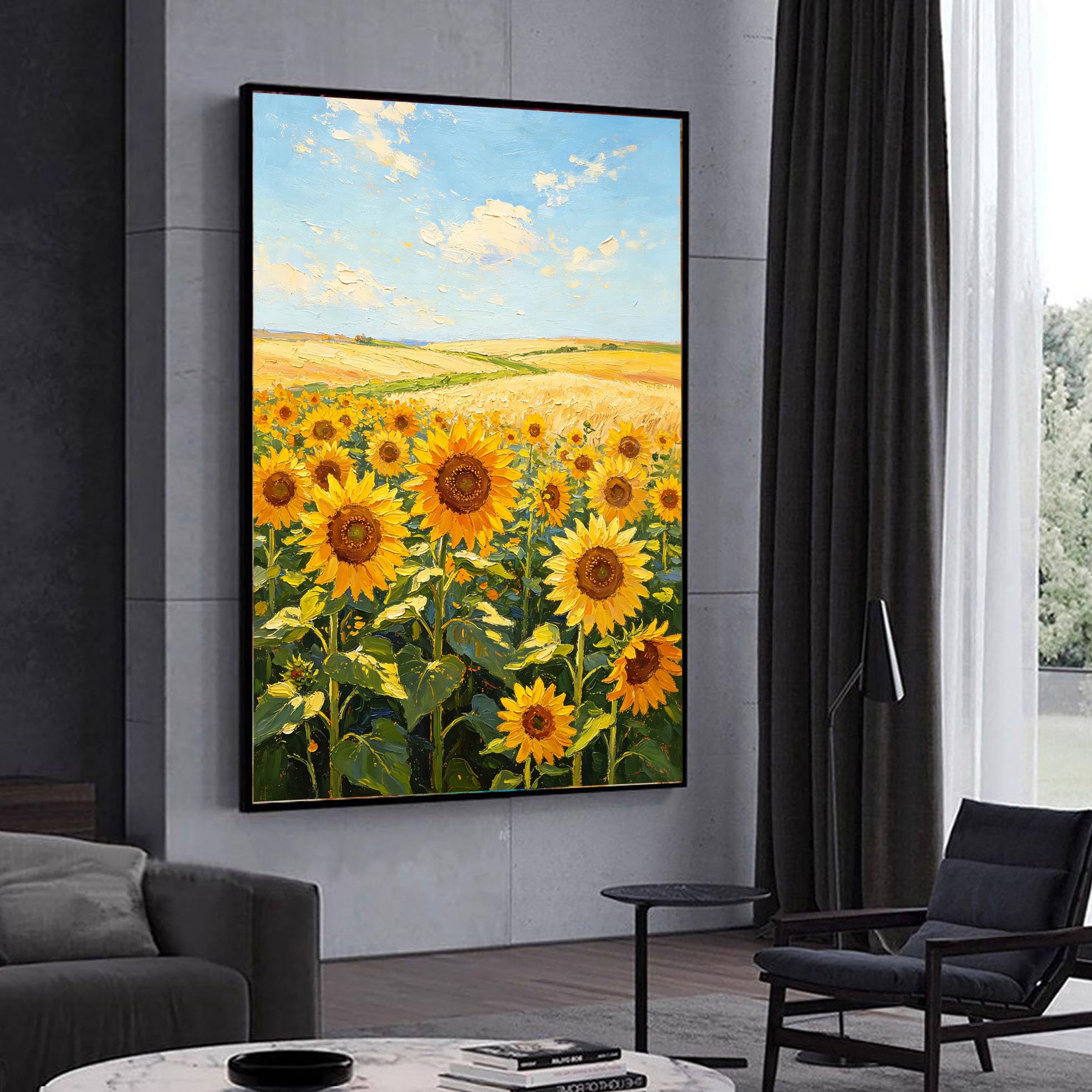 LCDIUDIU Dipinto A Olio Su Tela, Paesaggio Materico Dipinto A Mano, Senza Cornice, Campo Di Girasoli, Grano Dorato, Cielo Blu, Opera D'Arte Su Tela, Prato Rurale, Decorazione Murale per La Casa, Sog